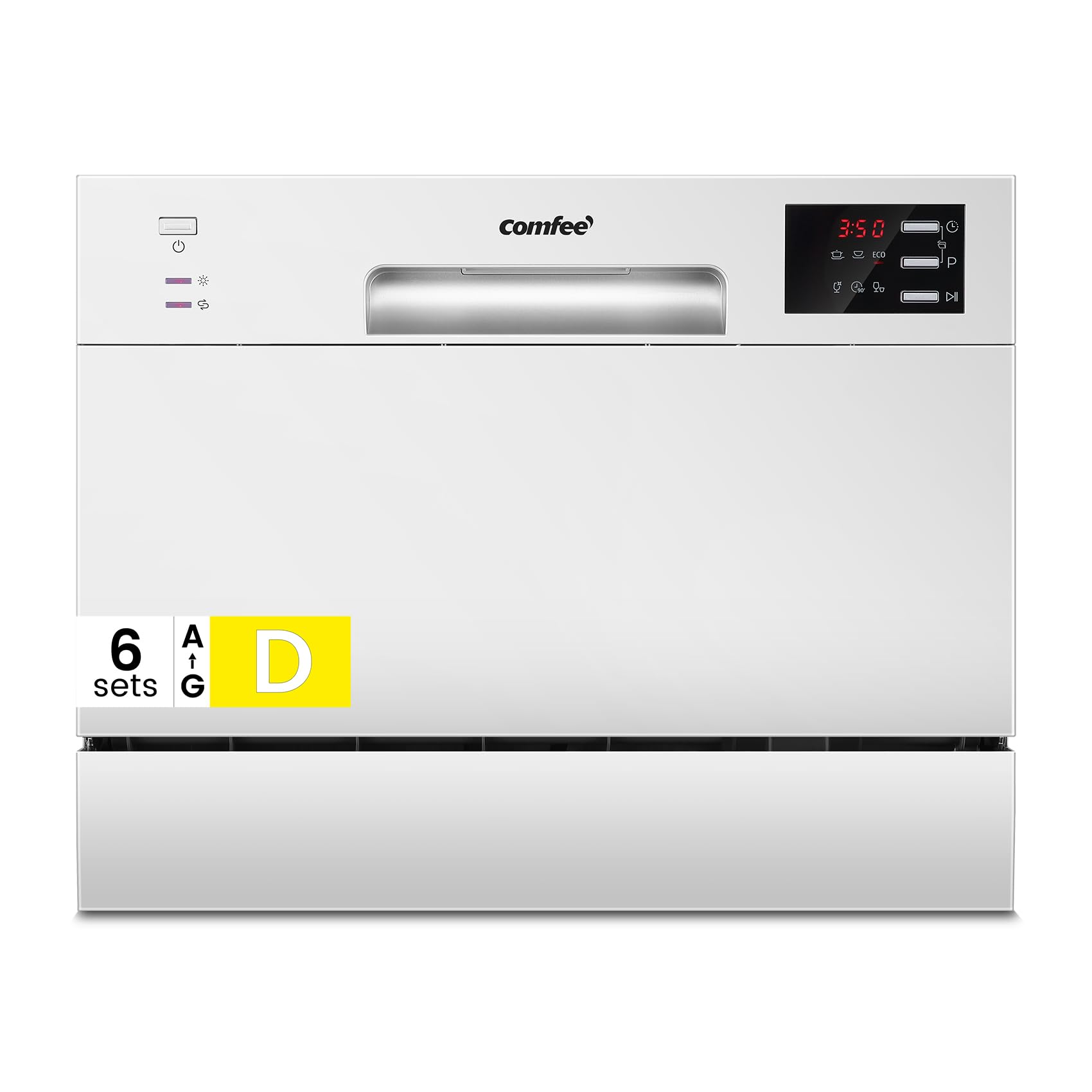 COMFEE' 2026 New Upgraded Table Top Dishwasher with 6 Place Settings, Mini Countertop Dishwasher for Small Families, Couples, Auto Open Dry, LED display, Delay Start, 47dB Quiet Noise, White