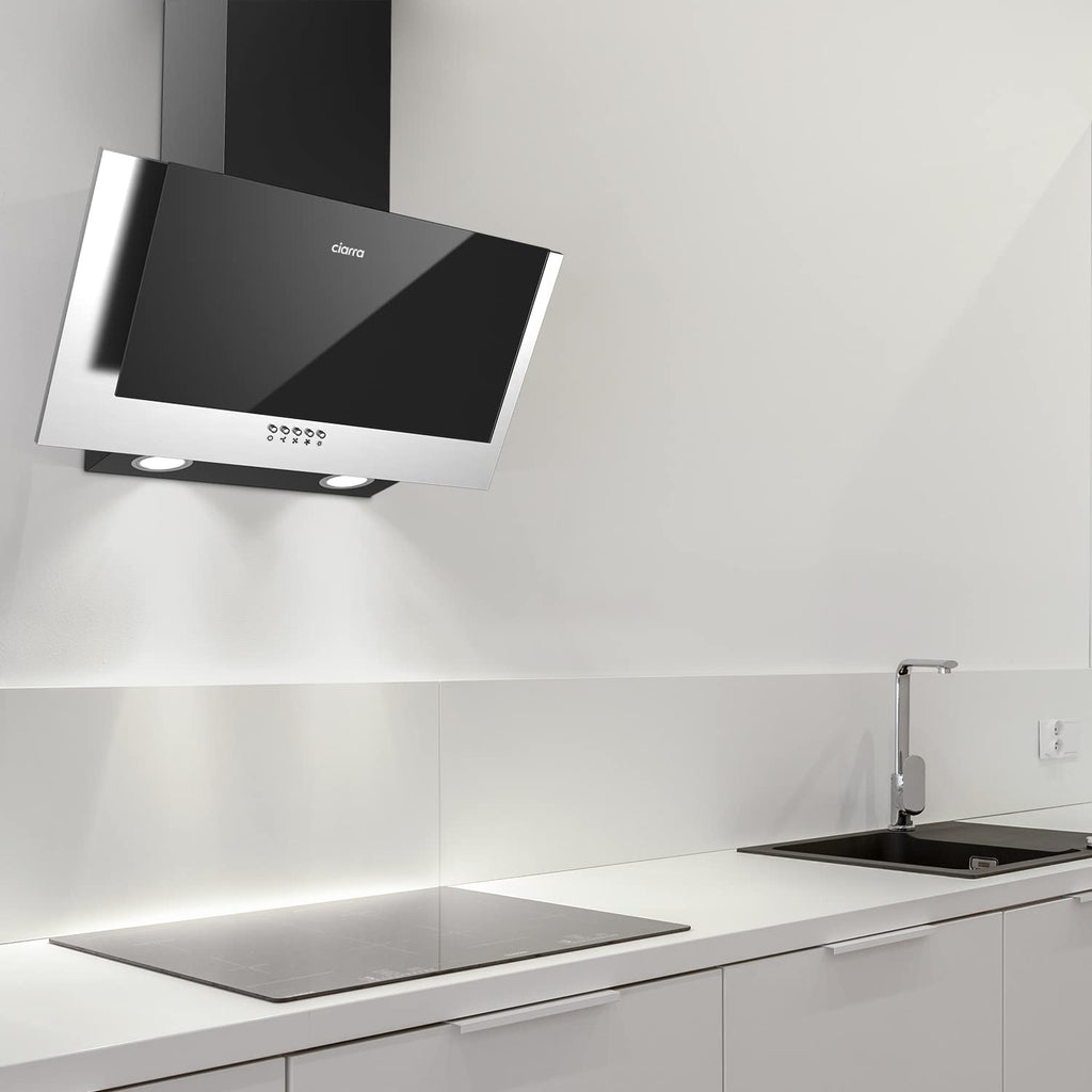 CIARRA CBCS6762A Angled Cooker Hood 60cm with CBCF003 Carbon Filters 650m³/h Head-Free Chimney Vent Hood with LED Lights Ducting&Recirculating Kitchen Extractor Fan