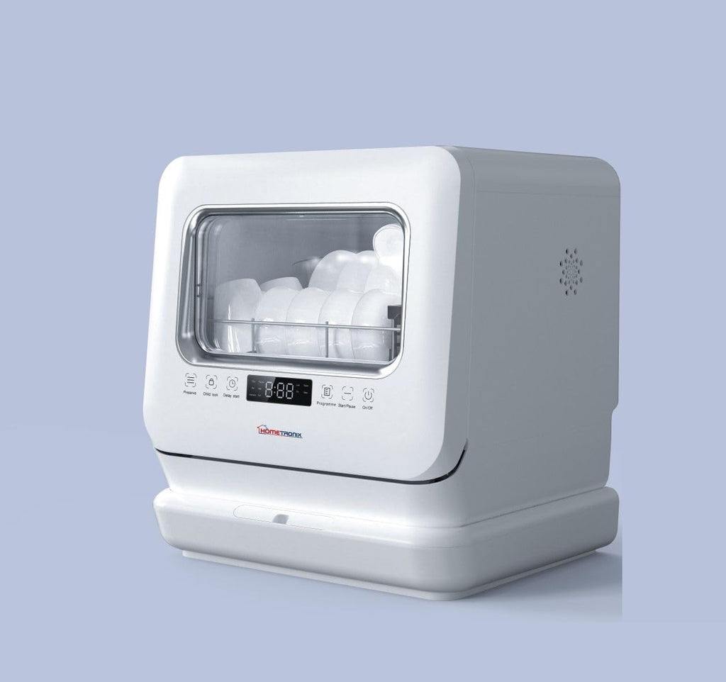 HomeTronix Mini Table Top Dishwasher Compact Countertop Dishwasher with 3 Place Settings, 6 Programmes, Touch Control, LED Display, Wash Dry and Fresh Function,7.5L Water Tank- White