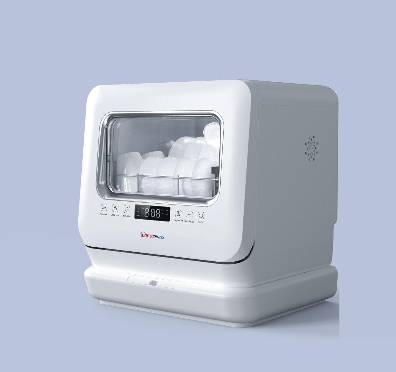 HomeTronix Mini Table Top Dishwasher Compact Countertop Dishwasher with 3 Place Settings, 6 Programmes, Touch Control, LED Display, Wash Dry and Fresh Function,7.5L Water Tank- White