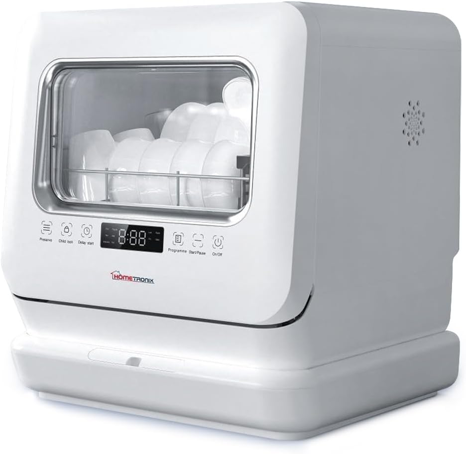 HomeTronix Mini Table Top Dishwasher Compact Countertop Dishwasher with 3 Place Settings, 6 Programmes, Touch Control, LED Display, Wash Dry and Fresh Function,7.5L Water Tank- White