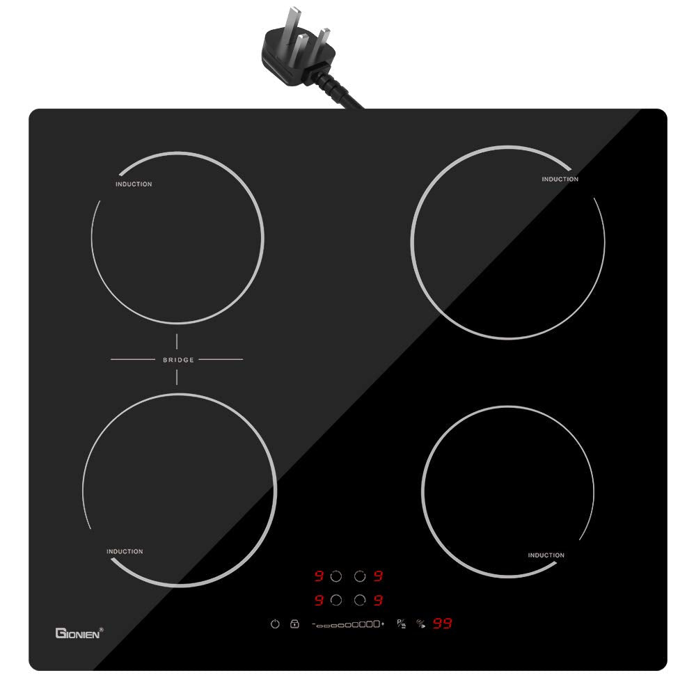 GlONlEN Plug-in Induction Hob 13 Amp 2800W,60cm Integrated Electric Cooktop with Bridge Zone, 4 Cooking Rings Cooker GIT470SP,Drop-in Ranges