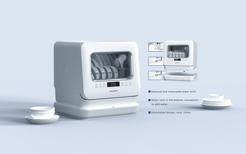 HomeTronix Mini Table Top Dishwasher Compact Countertop Dishwasher with 3 Place Settings, 6 Programmes, Touch Control, LED Display, Wash Dry and Fresh Function,7.5L Water Tank- White