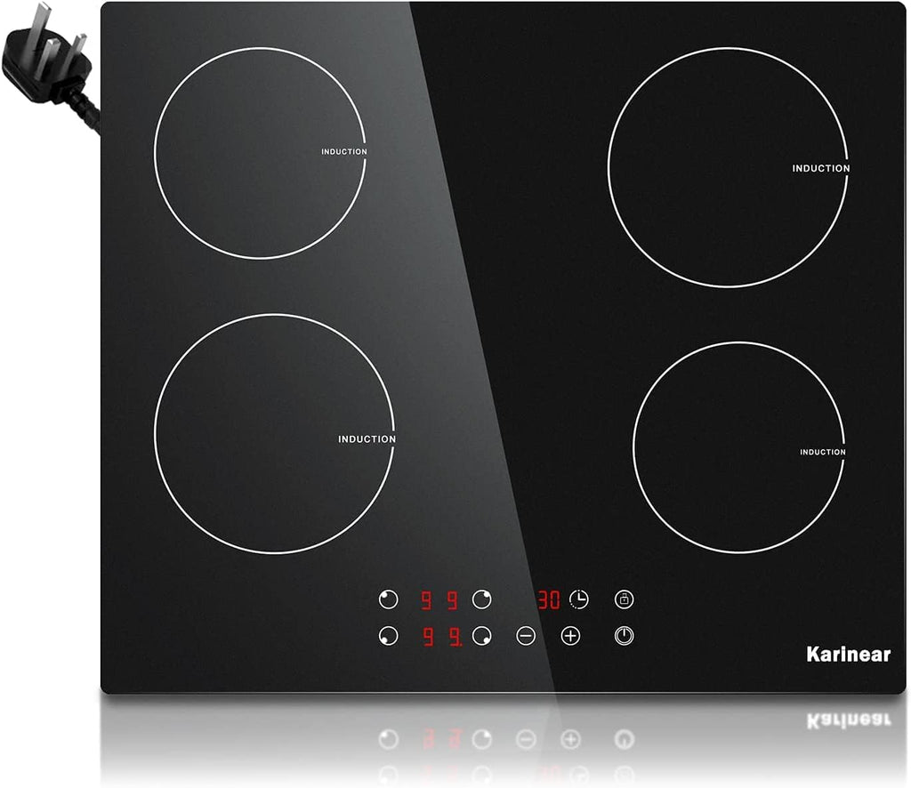 Karinear Induction Hob, 4 Zones Built-in Induction Hob 60cm, with Touch Control 9 Power Level & Child Safety Lock, Timer, Black Crystal Glass