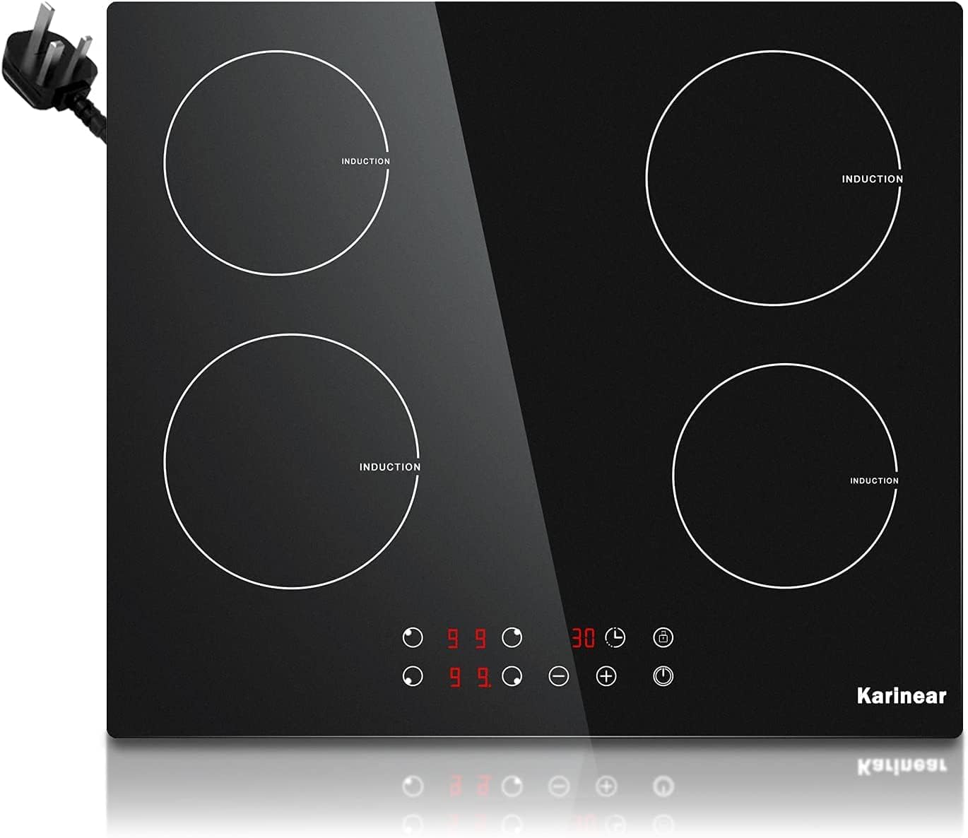 Karinear Induction Hob, 4 Zones Built-in Induction Hob 60cm, with Touch Control 9 Power Level & Child Safety Lock, Timer, Black Crystal Glass