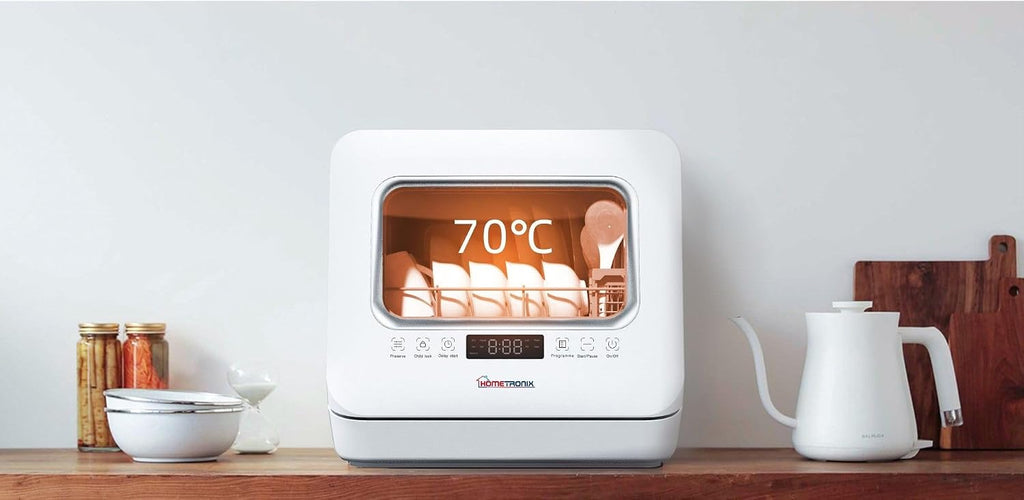 HomeTronix Mini Table Top Dishwasher Compact Countertop Dishwasher with 3 Place Settings, 6 Programmes, Touch Control, LED Display, Wash Dry and Fresh Function,7.5L Water Tank- White