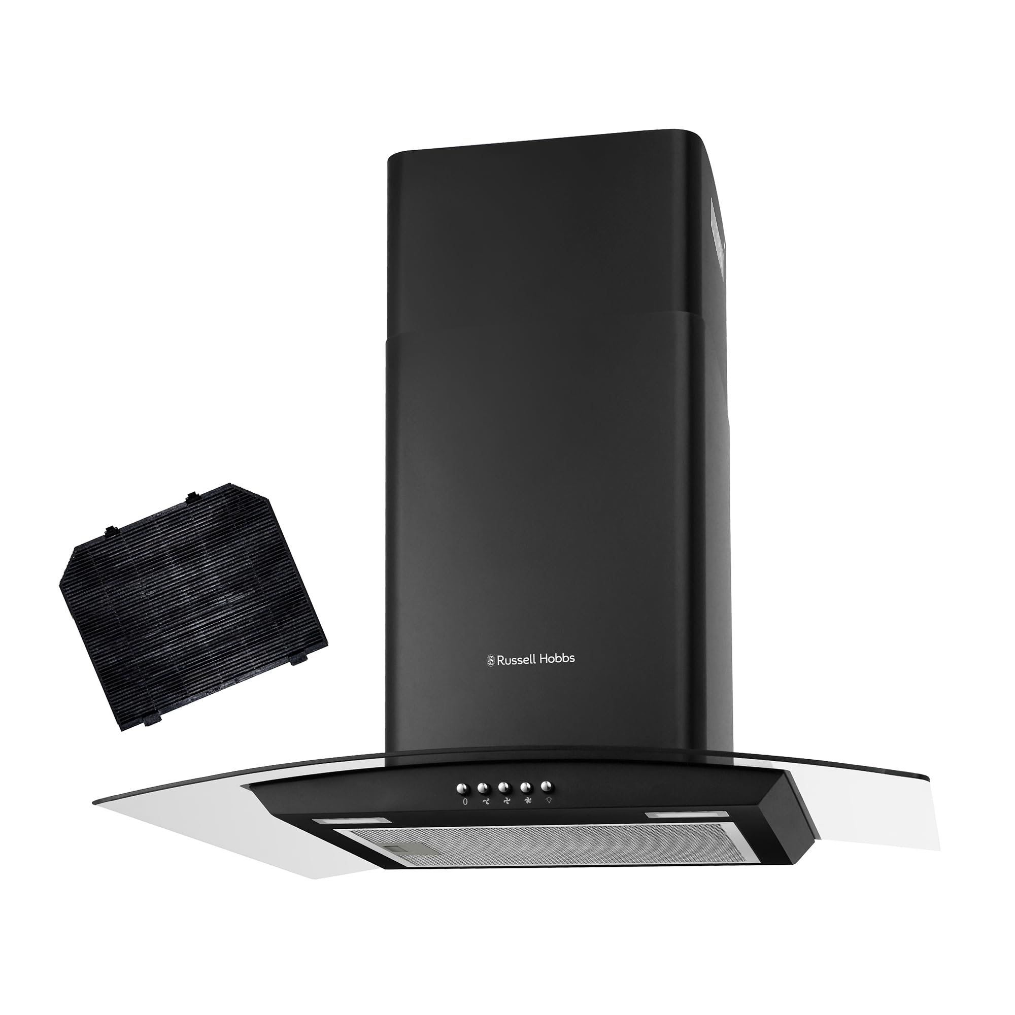 Russell Hobbs 60cm Curved Glass Cooker Hood in Stainless Steel with 3 Speed Settings, 1 x Carbon Filter, Extraction or Recirculation, 540m³/h Extraction Rate, A+ Energy Rating, RH60GCH92A1SS