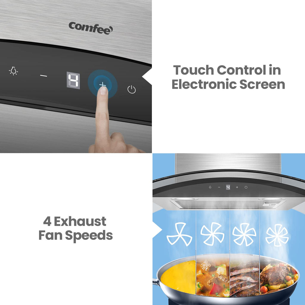 COMFEE' Canopy Cooker Hood 60cm GLAV17B-60 Curved Glass Chimney Hood with LED Light, 600mm Kitchen Extractor Fan Kitchen- Black