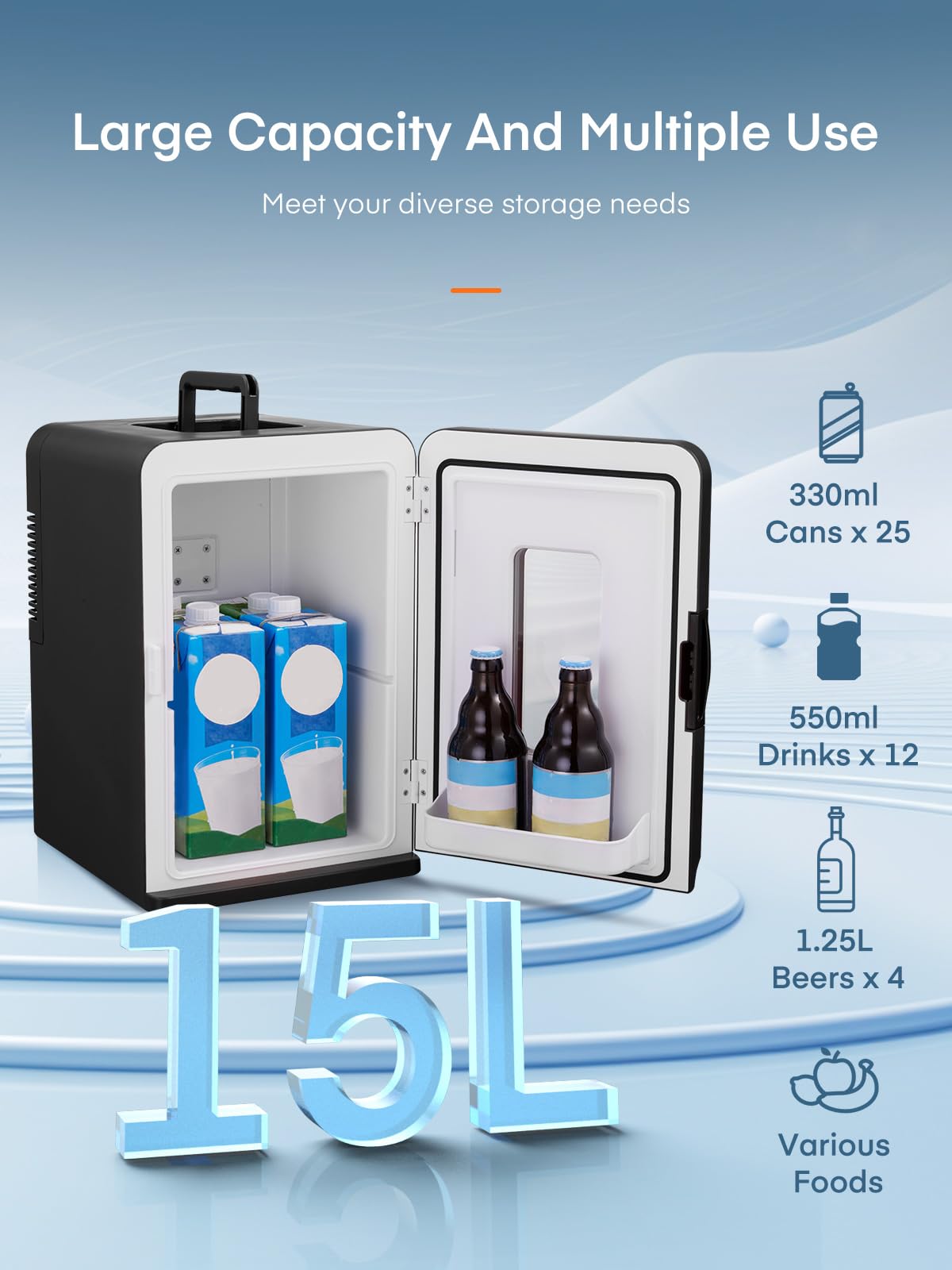 Mini Fridge for Bedrooms, 15 Liter /21 Cans Portable Small Fridge, AC+DC Power Car, Office, Thermoelectric Cooler & Warmer Skincare for Food, Drinks, Cosmetics, Max & ECO Mode, Black
