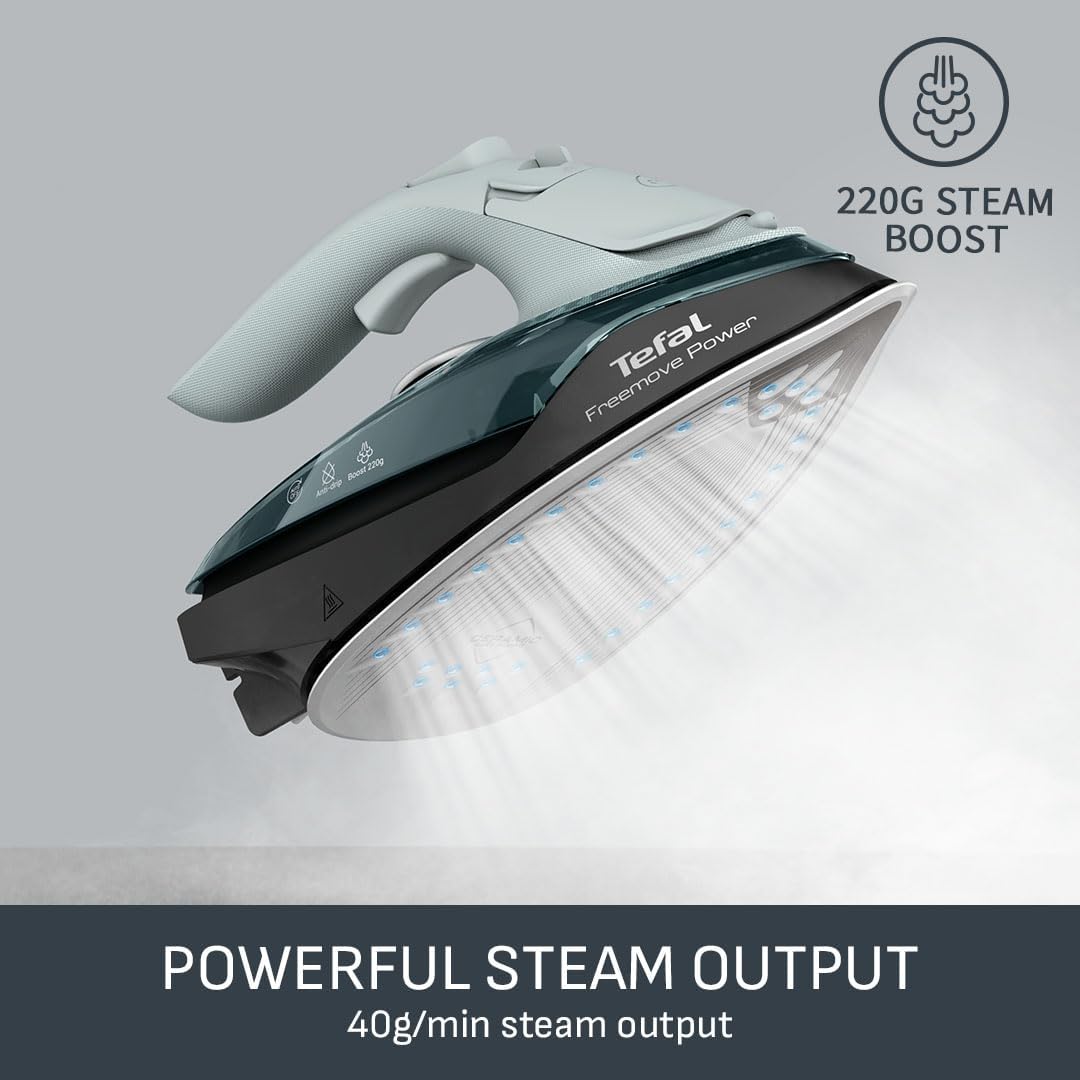 Tefal Freemove Power Cordless Steam Iron, 2600W, 220 g/min Steam Boost, 40g/min Continuous Steam, Fast Recharge Lightweight Design, Ceramic Soleplate, Auto Off Anti Drip, FV6672G0