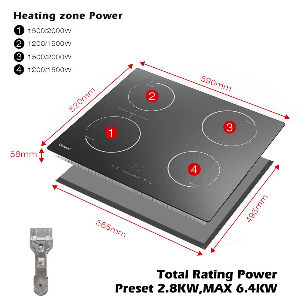 GlONlEN Plug-in Induction Hob 13 Amp 2800W,60cm Integrated Electric Cooktop with Bridge Zone, 4 Cooking Rings Cooker GIT470SP,Drop-in Ranges
