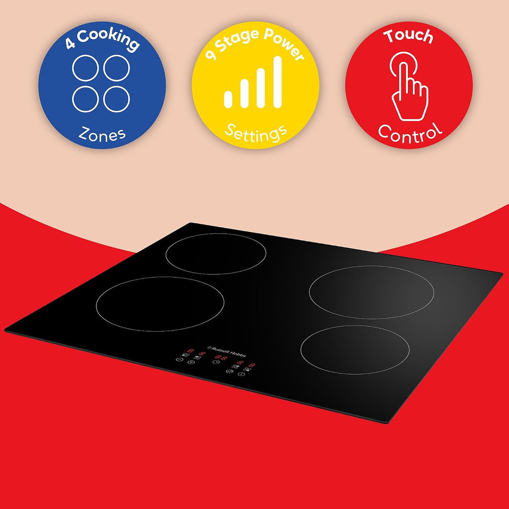 Russell Hobbs Electric Ceramic Hob 59cm Wide with 4 Cooking Zones, Electric 9 Power Levels, Touch Control & Easy Clean, Safety Cut Off, Timer & LED Display, Child Lock RH60EH413B