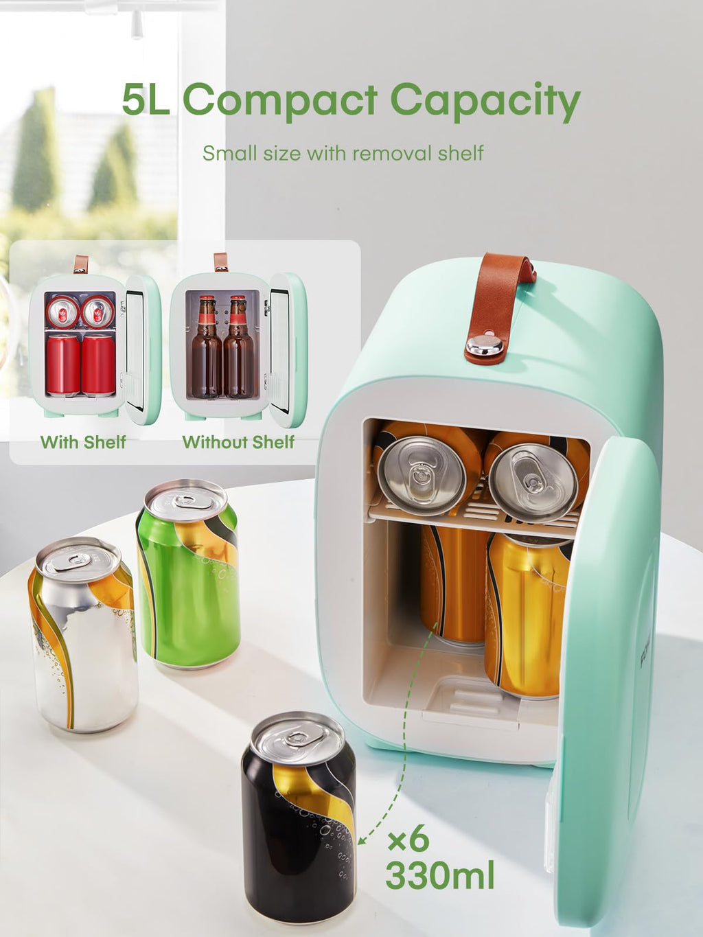 FOHERE Mini Fridge 5 Liter/6 Cans, Portable Mini Cooler & Warmer, AC+DC Power Compatibility, Small Fridge for Bedroom, Offices, Car, Skincare, Makeup, Cosmetics, Drinks, White