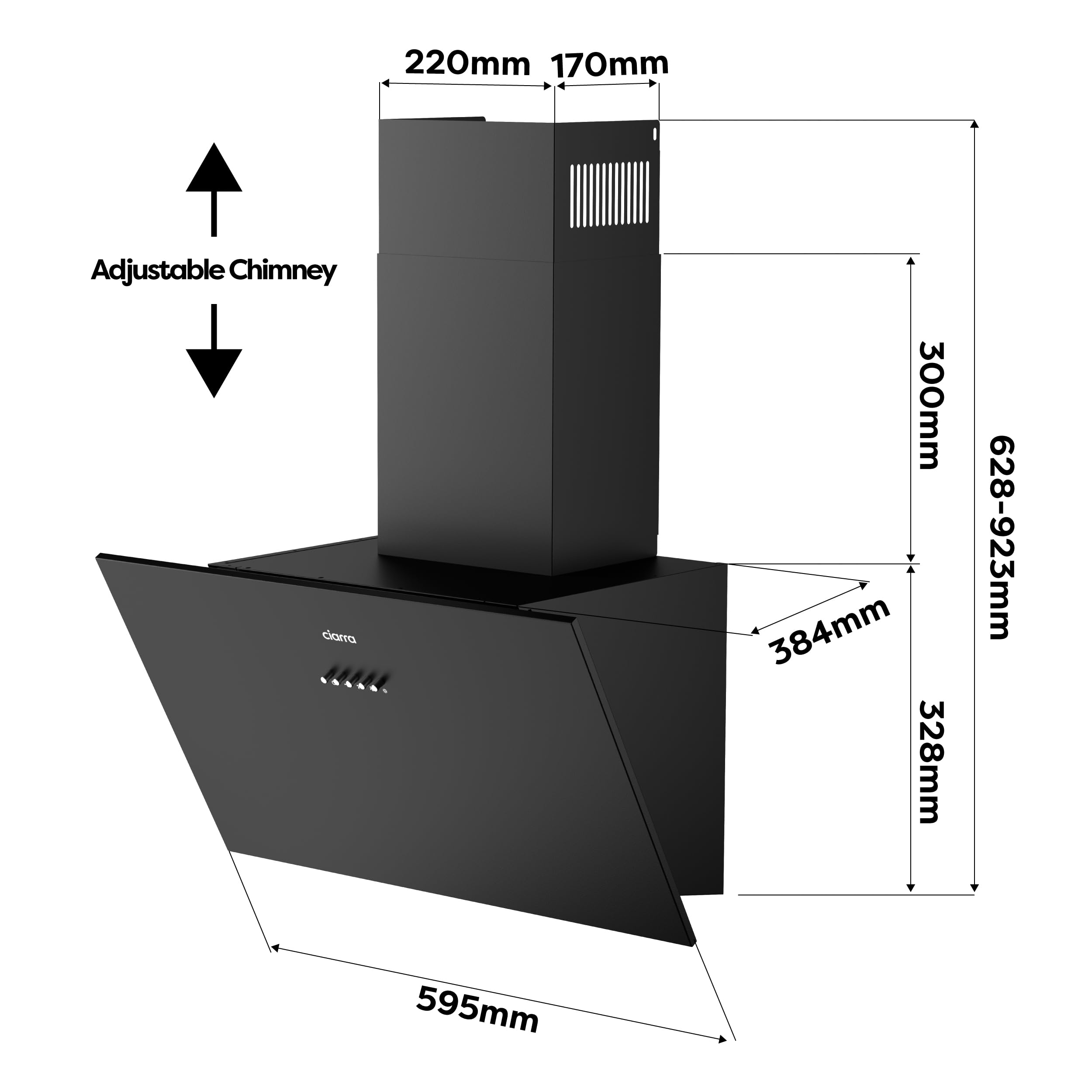 CIARRA CBCS6762A Angled Cooker Hood 60cm with CBCF003 Carbon Filters 650m³/h Head-Free Chimney Vent Hood with LED Lights Ducting&Recirculating Kitchen Extractor Fan