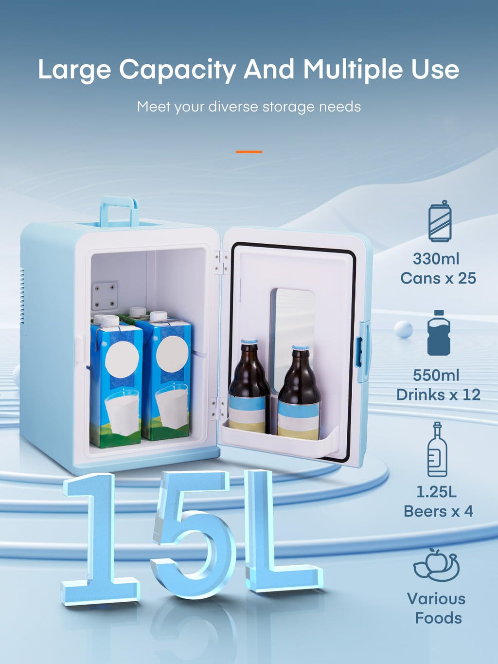 Mini Fridge for Bedrooms, 15 Liter /21 Cans Portable Small Fridge, AC+DC Power Car, Office, Thermoelectric Cooler & Warmer Skincare for Food, Drinks, Cosmetics, Max & ECO Mode, Black