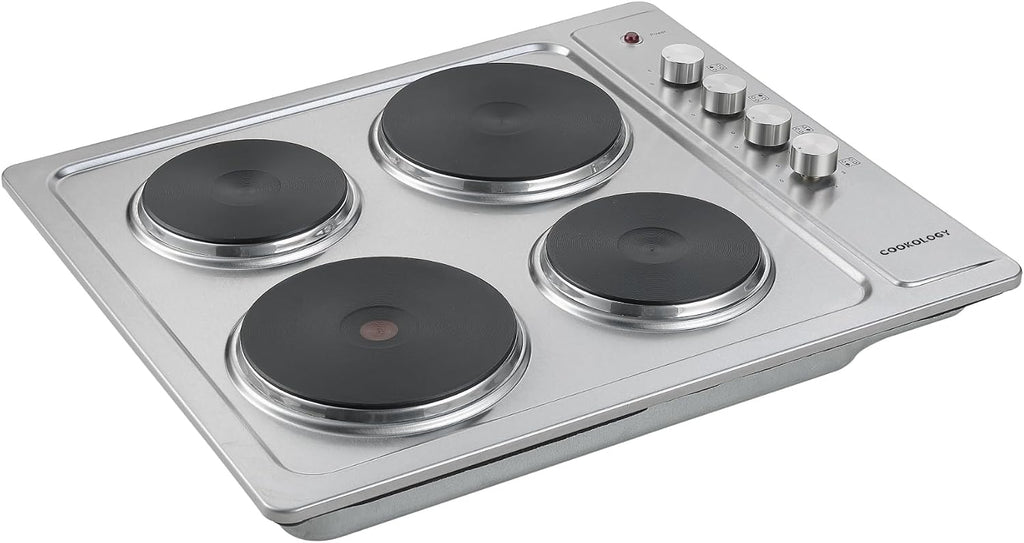 Cookology 60cm Solid Plate Electric Hob - 4 Cooking Zones - Built-in Worktop - 6 Heat Settings - Rotary Dials - Stainless Steel