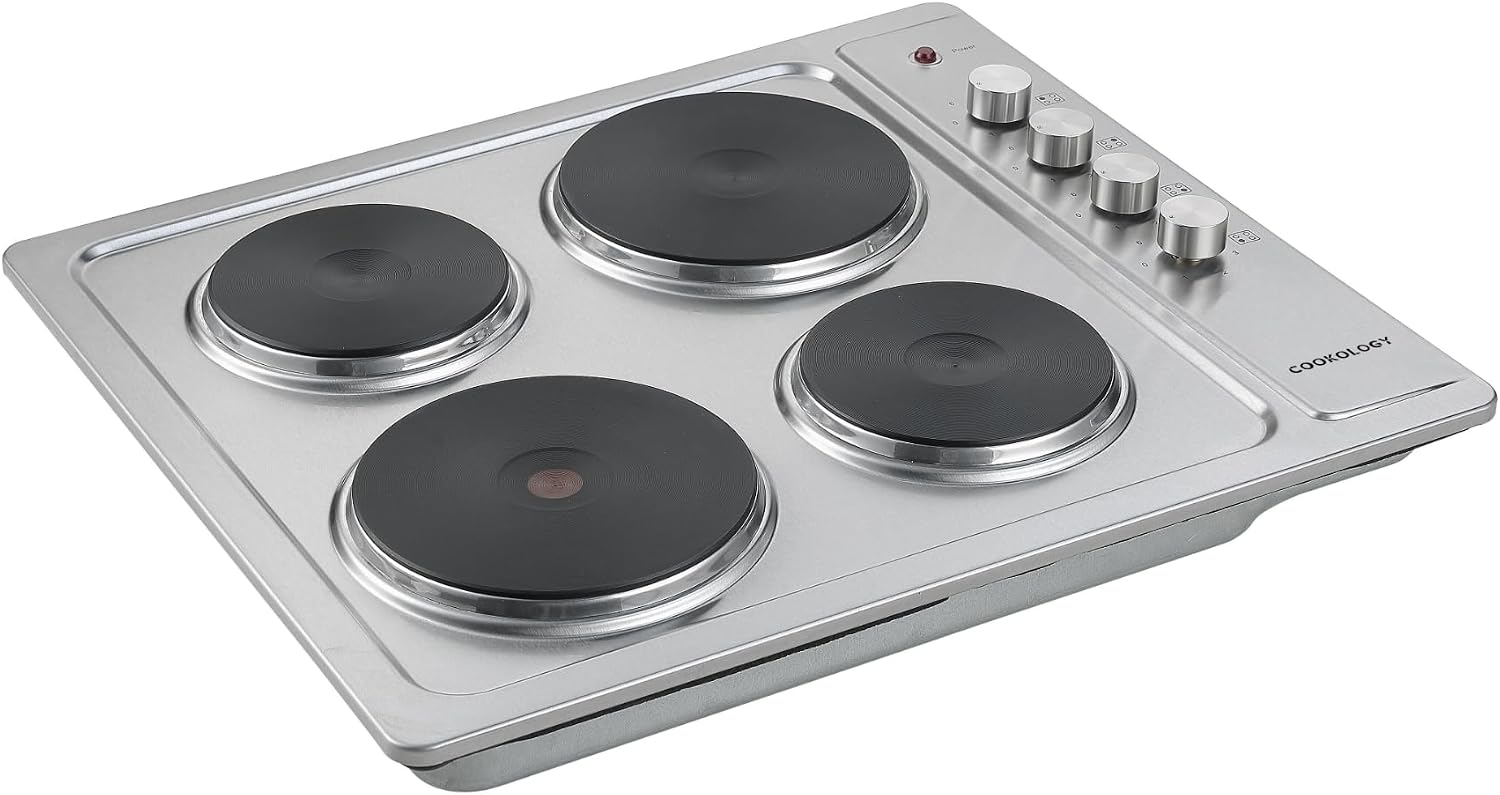 Cookology 60cm Solid Plate Electric Hob - 4 Cooking Zones - Built-in Worktop - 6 Heat Settings - Rotary Dials - Stainless Steel