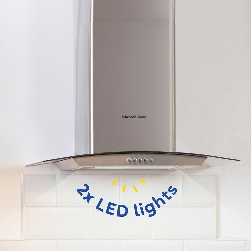 Russell Hobbs 60cm Curved Glass Cooker Hood in Stainless Steel with 3 Speed Settings, 1 x Carbon Filter, Extraction or Recirculation, 540m³/h Extraction Rate, A+ Energy Rating, RH60GCH92A1SS