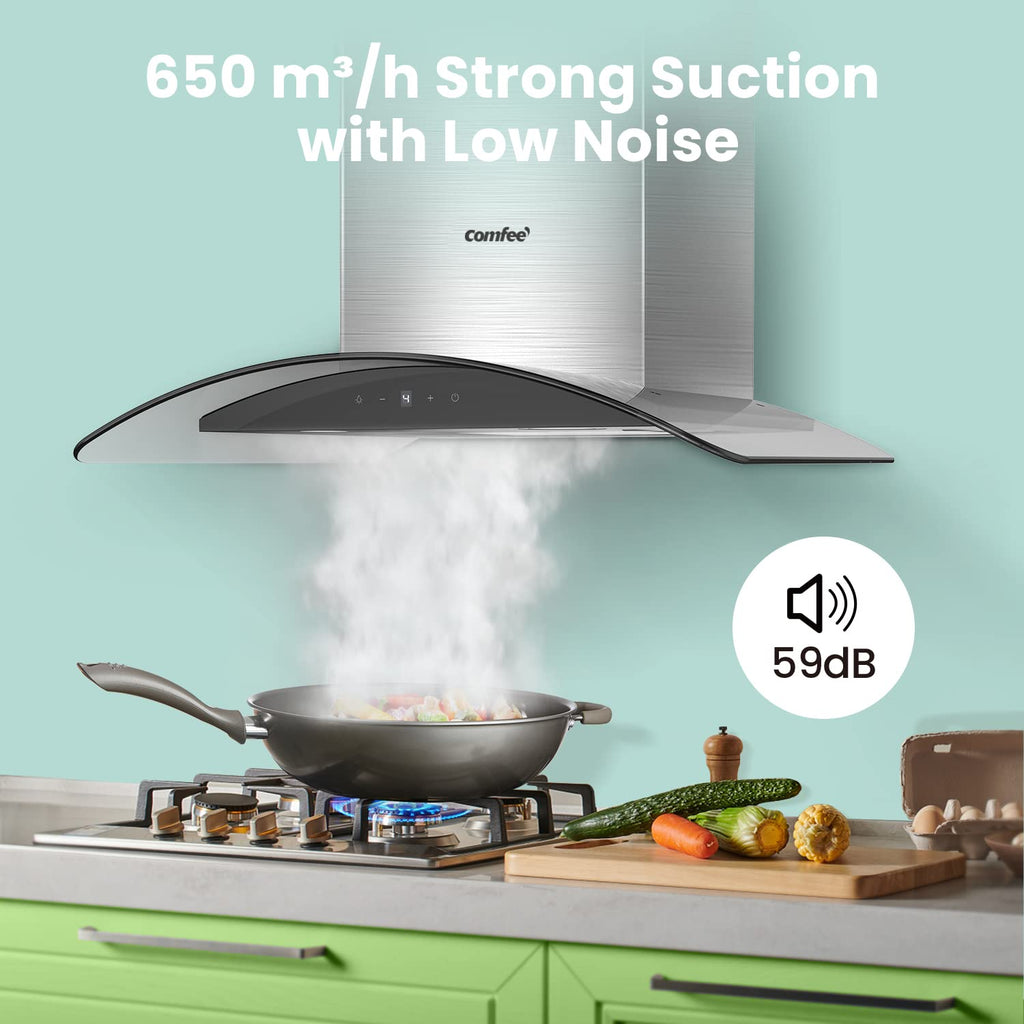 COMFEE' Canopy Cooker Hood 60cm GLAV17B-60 Curved Glass Chimney Hood with LED Light, 600mm Kitchen Extractor Fan Kitchen- Black