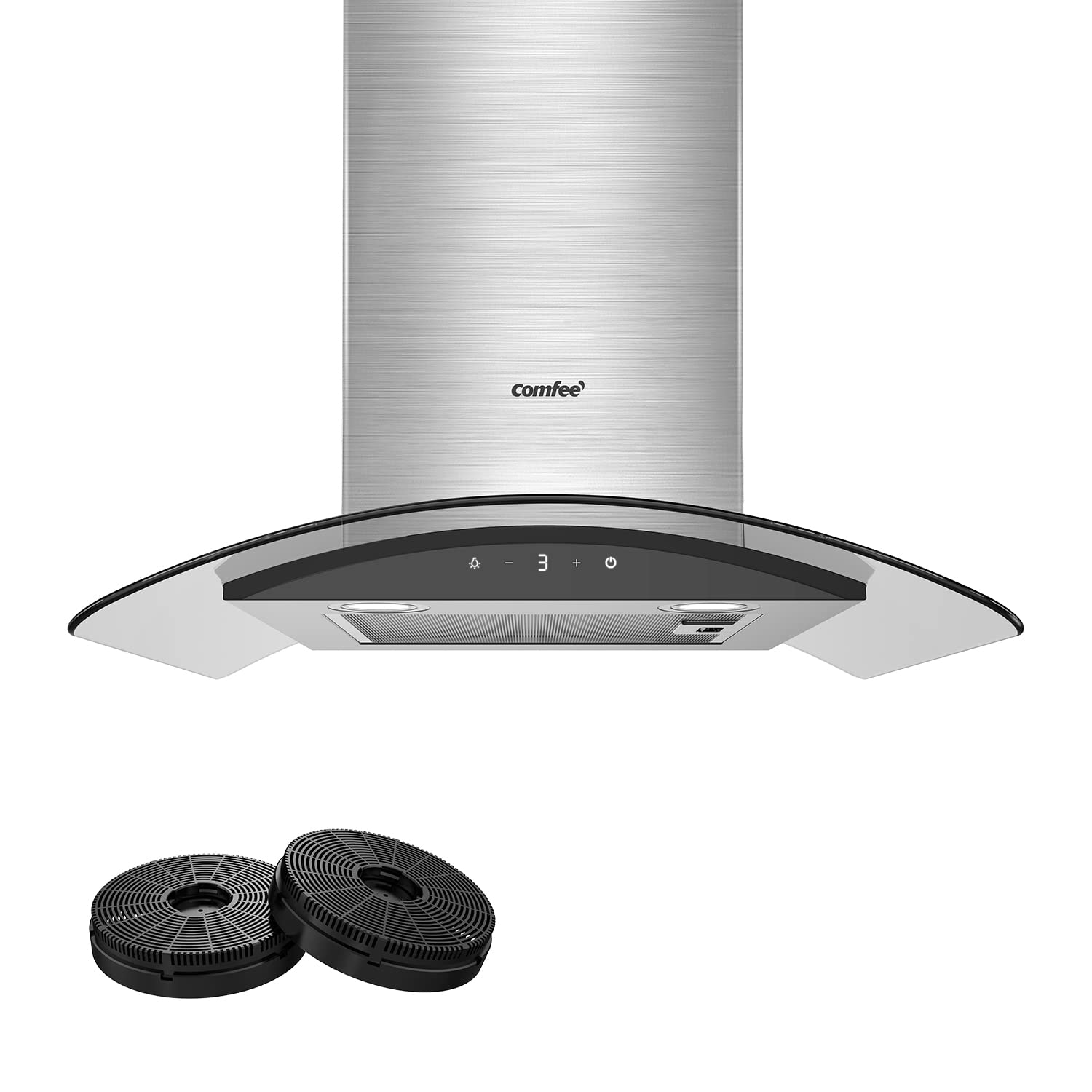 COMFEE' Canopy Cooker Hood 60cm GLAV17B-60 Curved Glass Chimney Hood with LED Light, 600mm Kitchen Extractor Fan Kitchen- Black