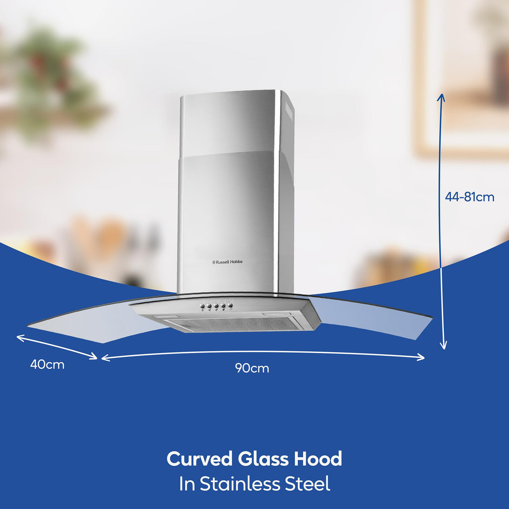Russell Hobbs 60cm Curved Glass Cooker Hood in Stainless Steel with 3 Speed Settings, 1 x Carbon Filter, Extraction or Recirculation, 540m³/h Extraction Rate, A+ Energy Rating, RH60GCH92A1SS