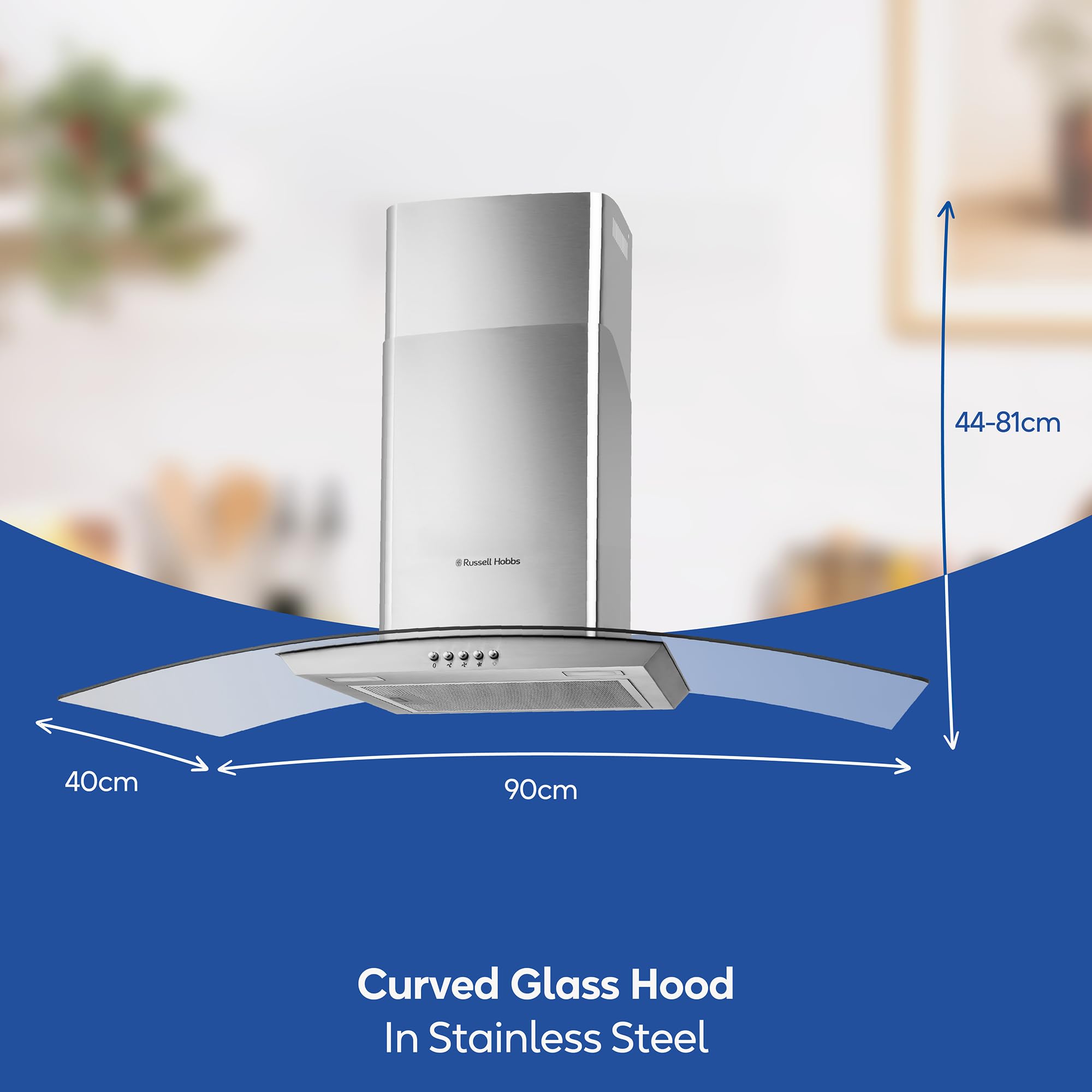 Russell Hobbs 60cm Curved Glass Cooker Hood in Stainless Steel with 3 Speed Settings, 1 x Carbon Filter, Extraction or Recirculation, 540m³/h Extraction Rate, A+ Energy Rating, RH60GCH92A1SS