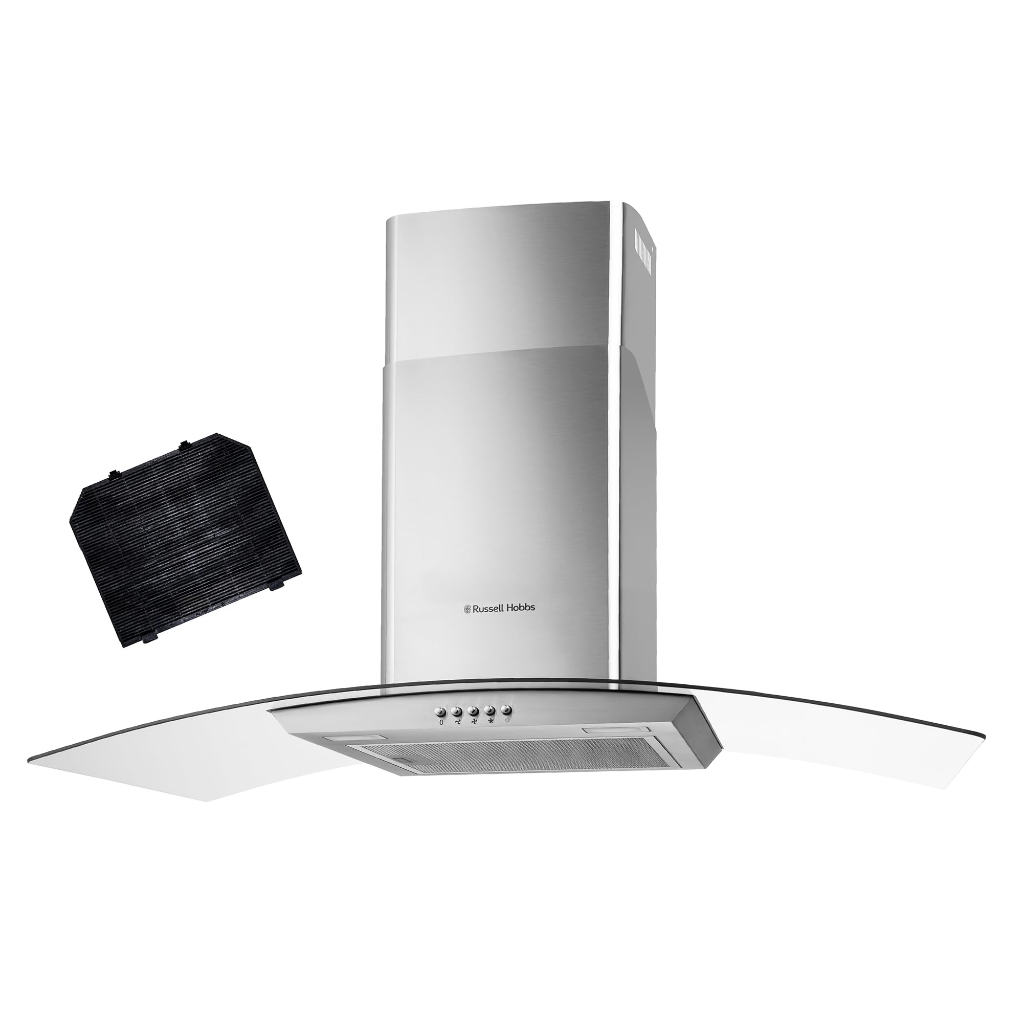 Russell Hobbs 60cm Curved Glass Cooker Hood in Stainless Steel with 3 Speed Settings, 1 x Carbon Filter, Extraction or Recirculation, 540m³/h Extraction Rate, A+ Energy Rating, RH60GCH92A1SS