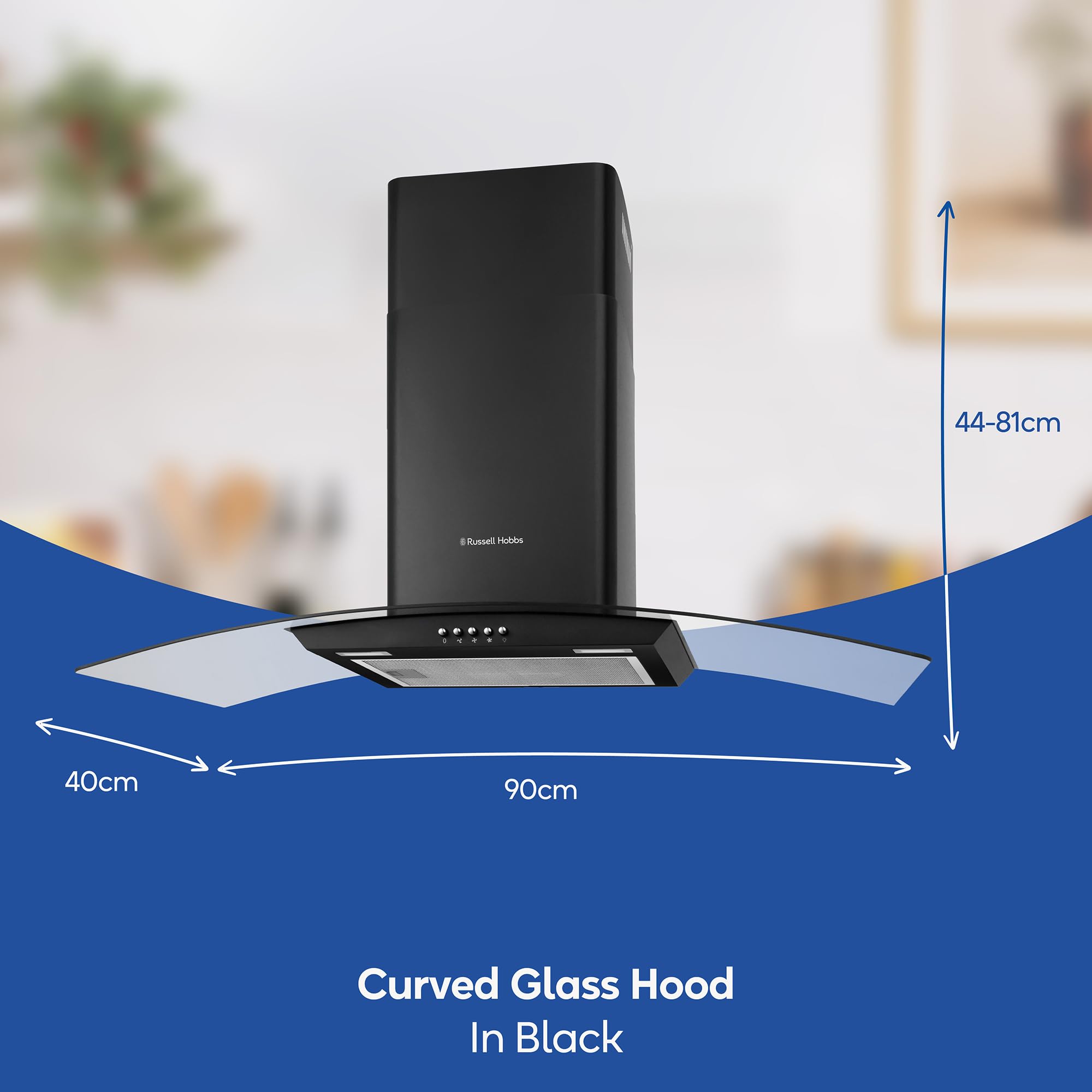 Russell Hobbs 60cm Curved Glass Cooker Hood in Stainless Steel with 3 Speed Settings, 1 x Carbon Filter, Extraction or Recirculation, 540m³/h Extraction Rate, A+ Energy Rating, RH60GCH92A1SS