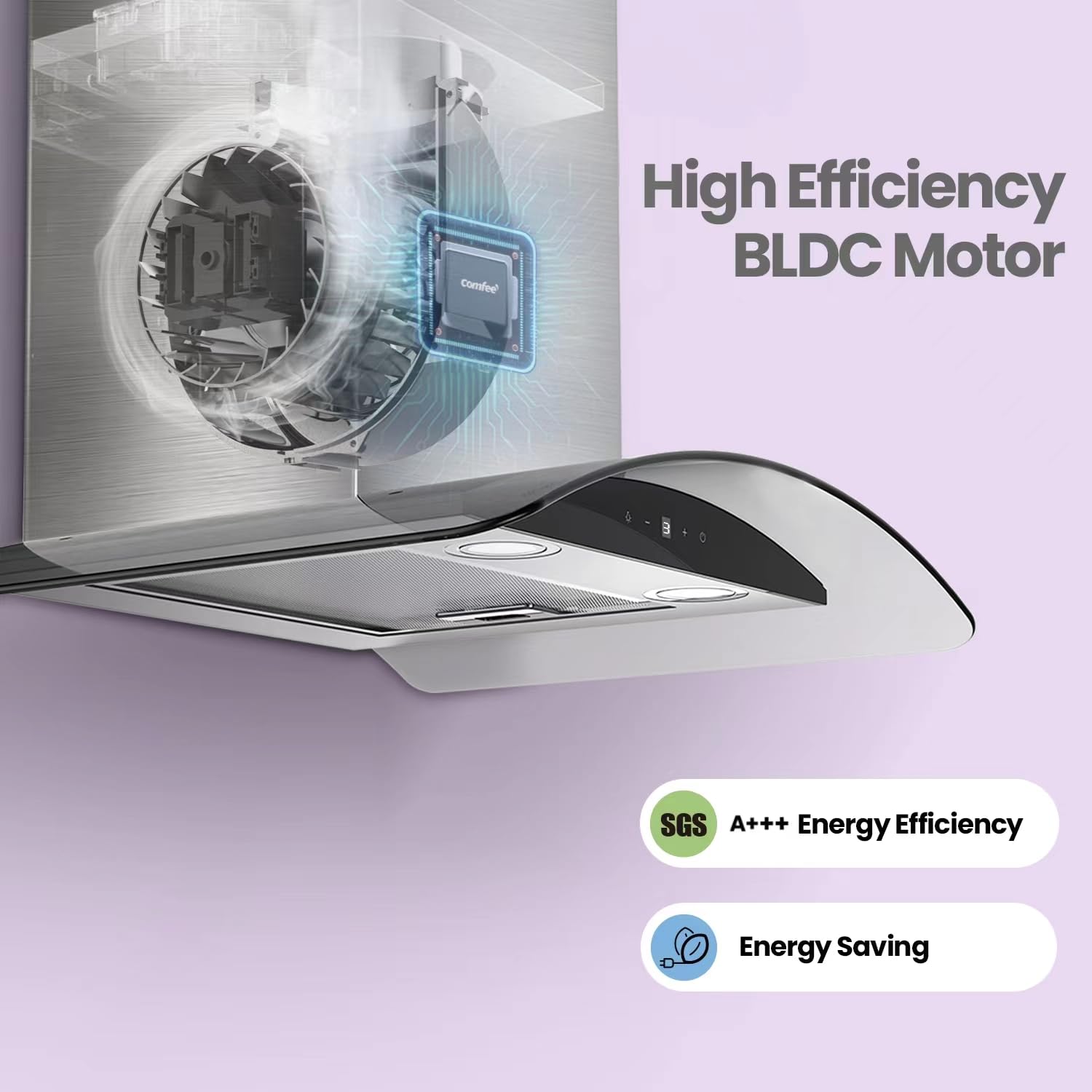 COMFEE' Canopy Cooker Hood 60cm GLAV17B-60 Curved Glass Chimney Hood with LED Light, 600mm Kitchen Extractor Fan Kitchen- Black