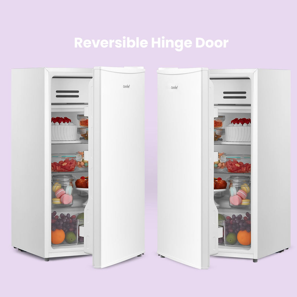 COMFEE' RCD93WH2(E) Under Counter Fridge, 93L Freestanding Refrigerator with Cooler Box, Adjustable Thermostat, Reversible Door, Removable Glass Shelves, Interior Light, White