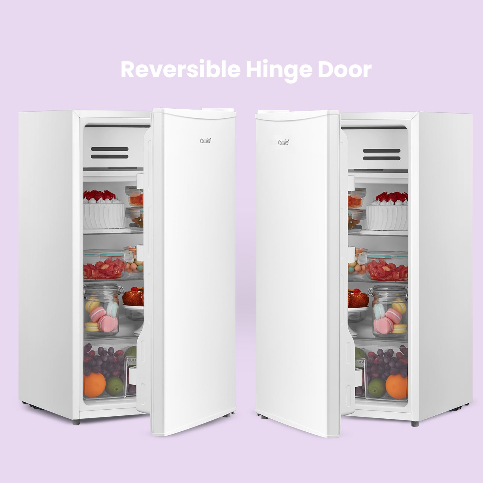 COMFEE' RCD93WH2(E) Under Counter Fridge, 93L Freestanding Refrigerator with Cooler Box, Adjustable Thermostat, Reversible Door, Removable Glass Shelves, Interior Light, White