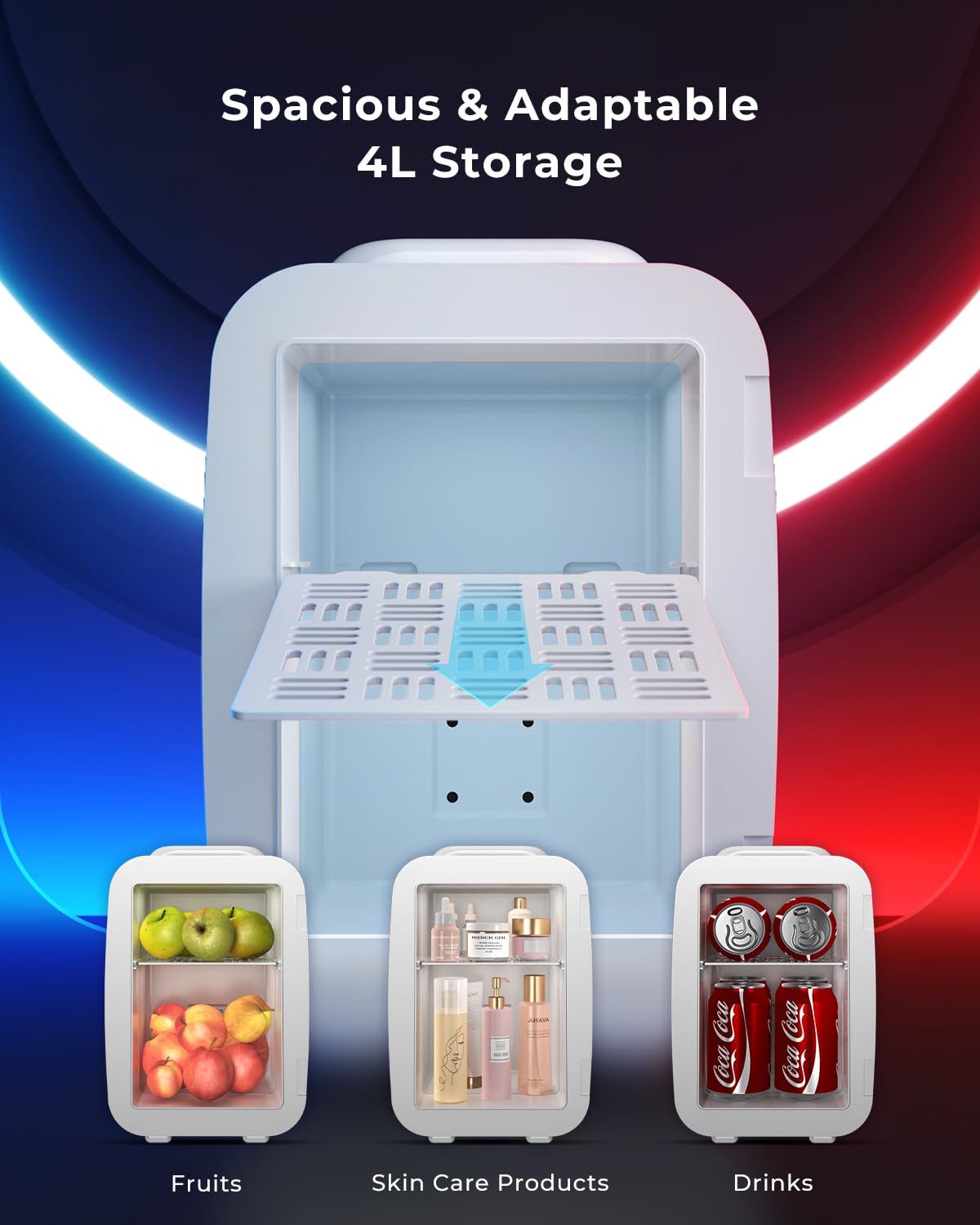 BEICHEN Mini Fridge for 4 L / 6 Cans, Quiet Small Fridge With 7 Light Modes, AC + DC Power Cooler & Warmer Portable Gaming Mini Fridge for Bedroom, Car, Travel, Skincare, Drinks, Fruit, Food (Black)