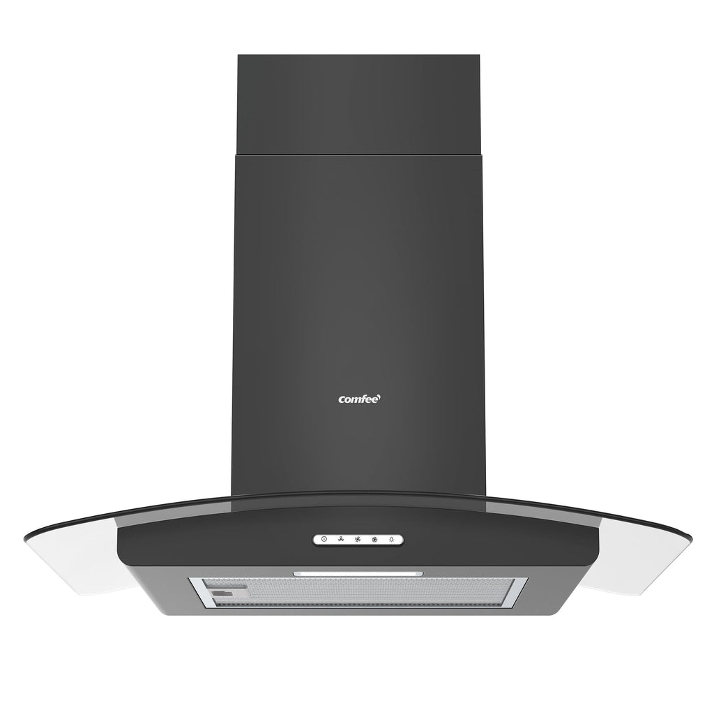COMFEE' Canopy Cooker Hood 60cm GLAV17B-60 Curved Glass Chimney Hood with LED Light, 600mm Kitchen Extractor Fan Kitchen- Black