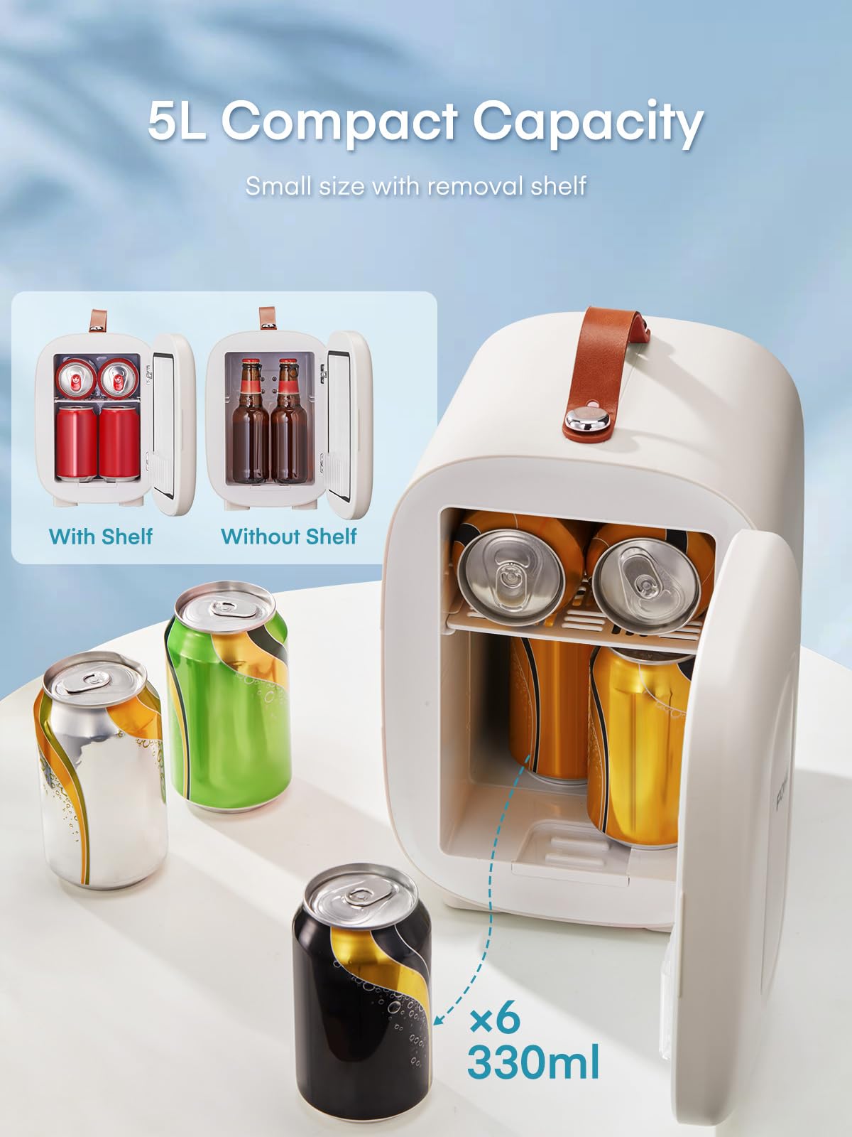 FOHERE Mini Fridge 5 Liter/6 Cans, Portable Mini Cooler & Warmer, AC+DC Power Compatibility, Small Fridge for Bedroom, Offices, Car, Skincare, Makeup, Cosmetics, Drinks, White