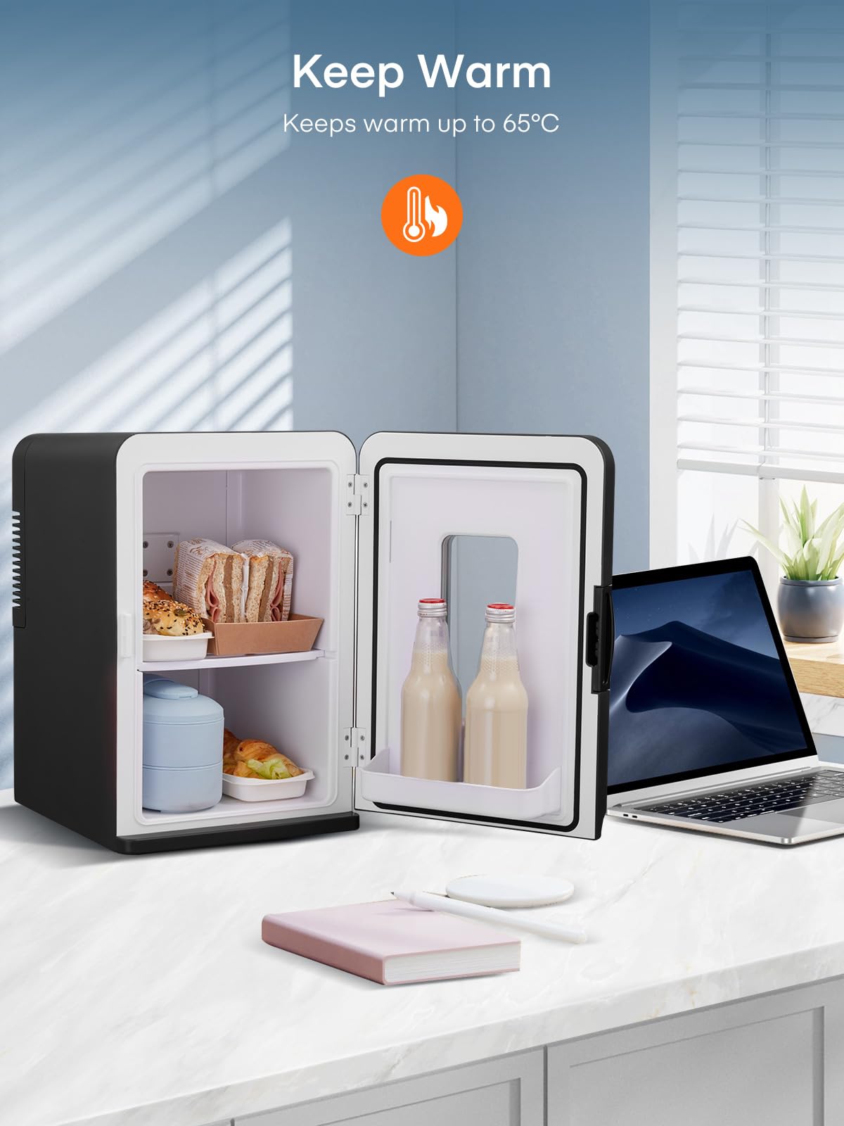 Mini Fridge for Bedrooms, 15 Liter /21 Cans Portable Small Fridge, AC+DC Power Car, Office, Thermoelectric Cooler & Warmer Skincare for Food, Drinks, Cosmetics, Max & ECO Mode, Black