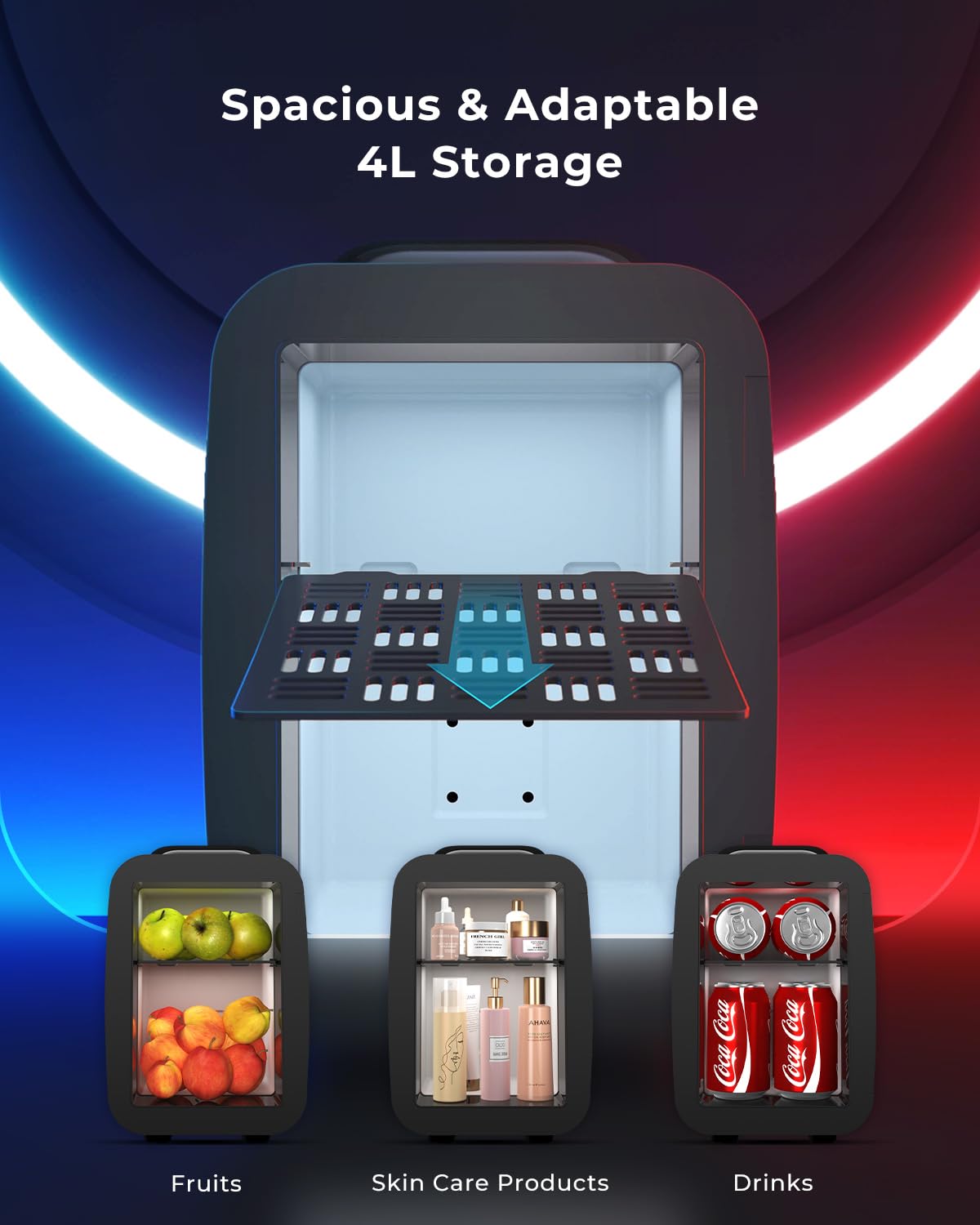 BEICHEN Mini Fridge for 4 L / 6 Cans, Quiet Small Fridge With 7 Light Modes, AC + DC Power Cooler & Warmer Portable Gaming Mini Fridge for Bedroom, Car, Travel, Skincare, Drinks, Fruit, Food (Black)