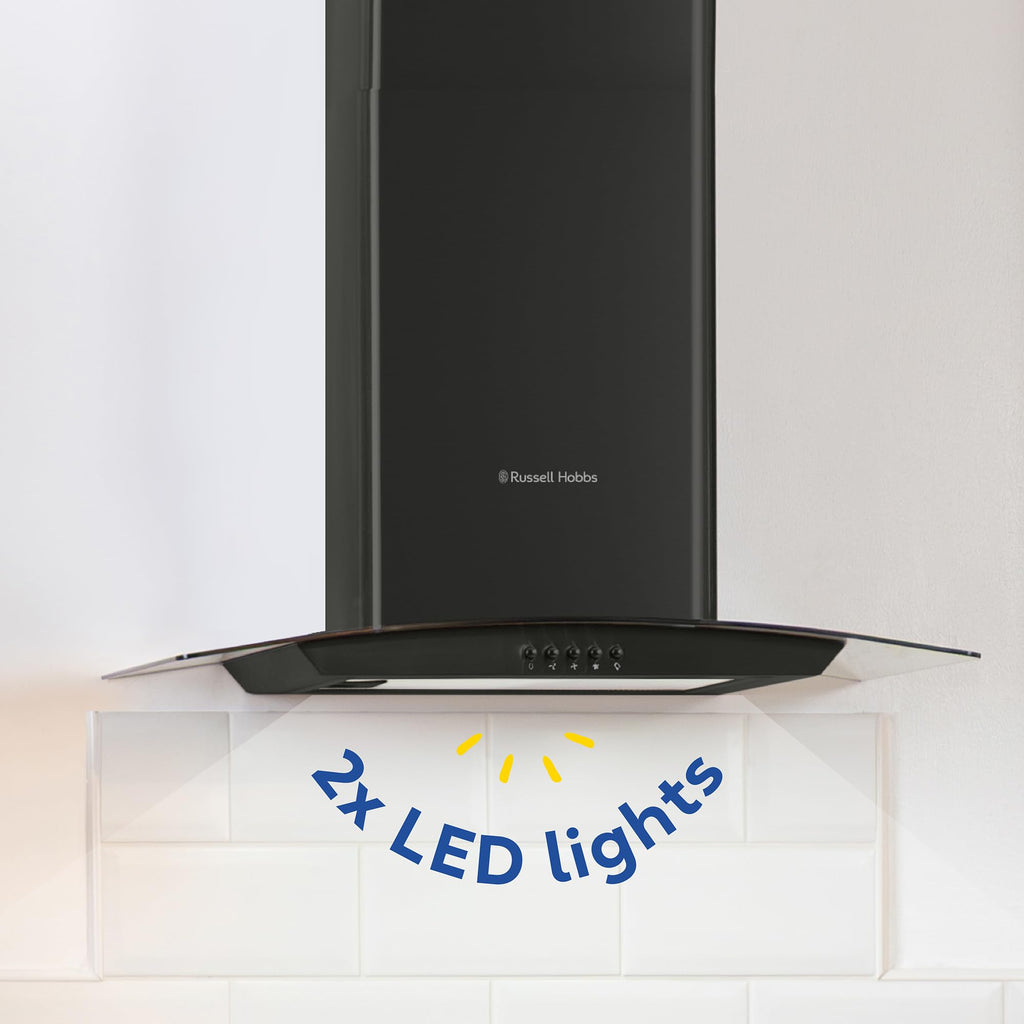 Russell Hobbs 60cm Curved Glass Cooker Hood in Stainless Steel with 3 Speed Settings, 1 x Carbon Filter, Extraction or Recirculation, 540m³/h Extraction Rate, A+ Energy Rating, RH60GCH92A1SS