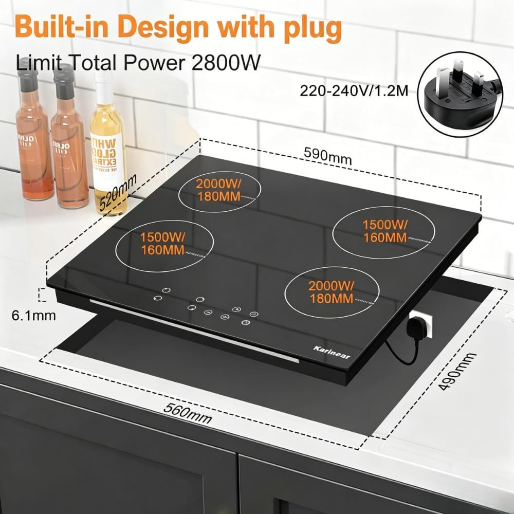 Karinear Induction Hob, 4 Zones Built-in Induction Hob 60cm, with Touch Control 9 Power Level & Child Safety Lock, Timer, Black Crystal Glass