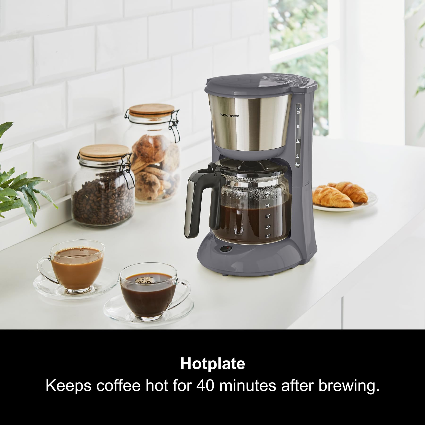 Morphy Richards Equip Filter Coffee Machine, Coffee Maker for Instant Coffee, Pour Over Technology, 10 Cup, Anti Drip, Reusable Filter, Keep Warm, Aroma Blender, Black/Brushed Steel, 162501