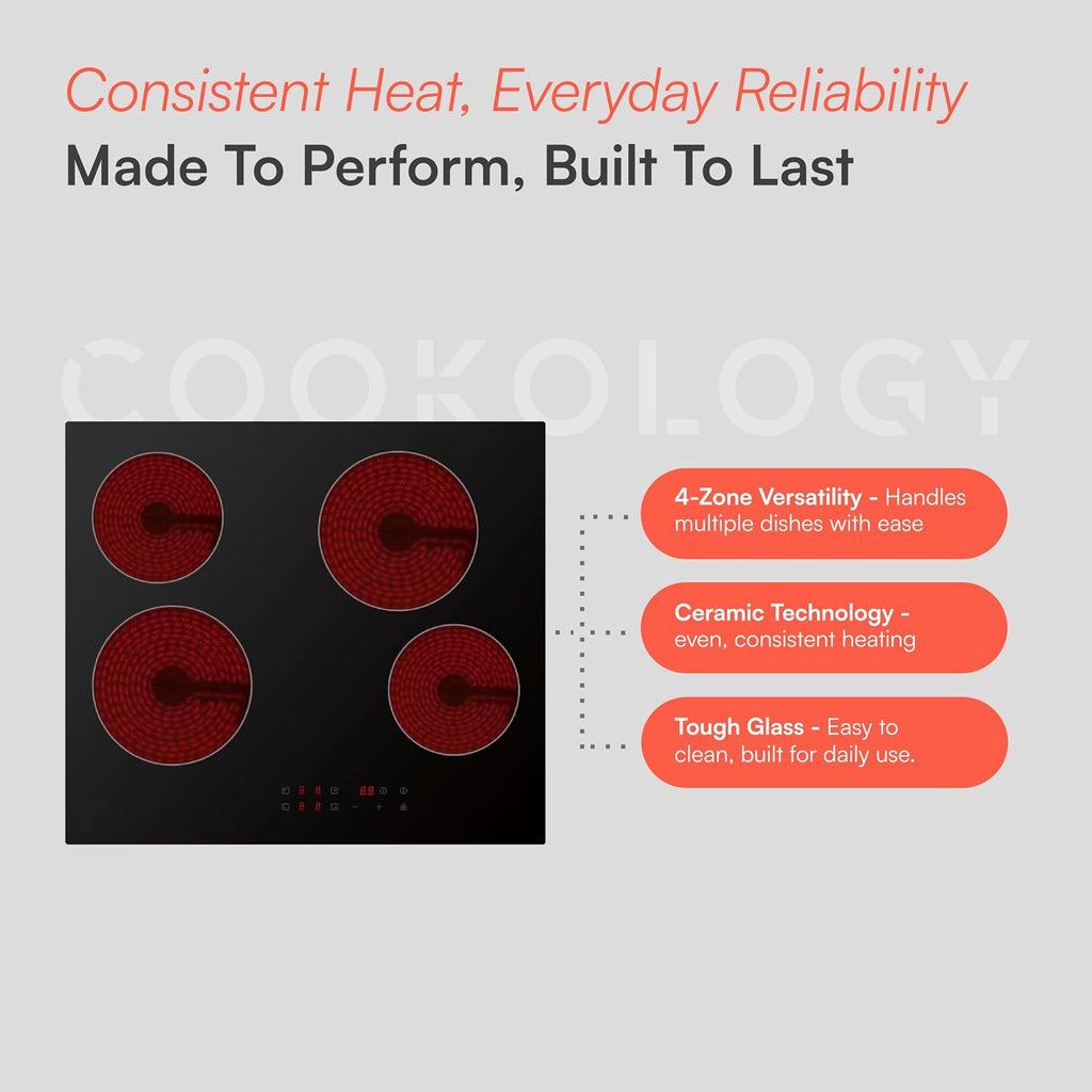 Cookology 60cm Electric Ceramic Hob - 4 Zone 6000W - Touch Control Panel - 9 Power Levels - Residual Heat Indicators & Child Lock - Easy-Clean
