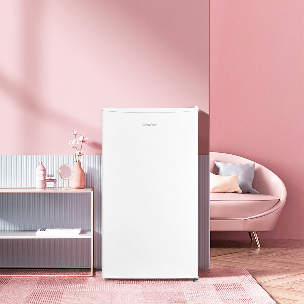 COMFEE' RCD93WH2(E) Under Counter Fridge, 93L Freestanding Refrigerator with Cooler Box, Adjustable Thermostat, Reversible Door, Removable Glass Shelves, Interior Light, White