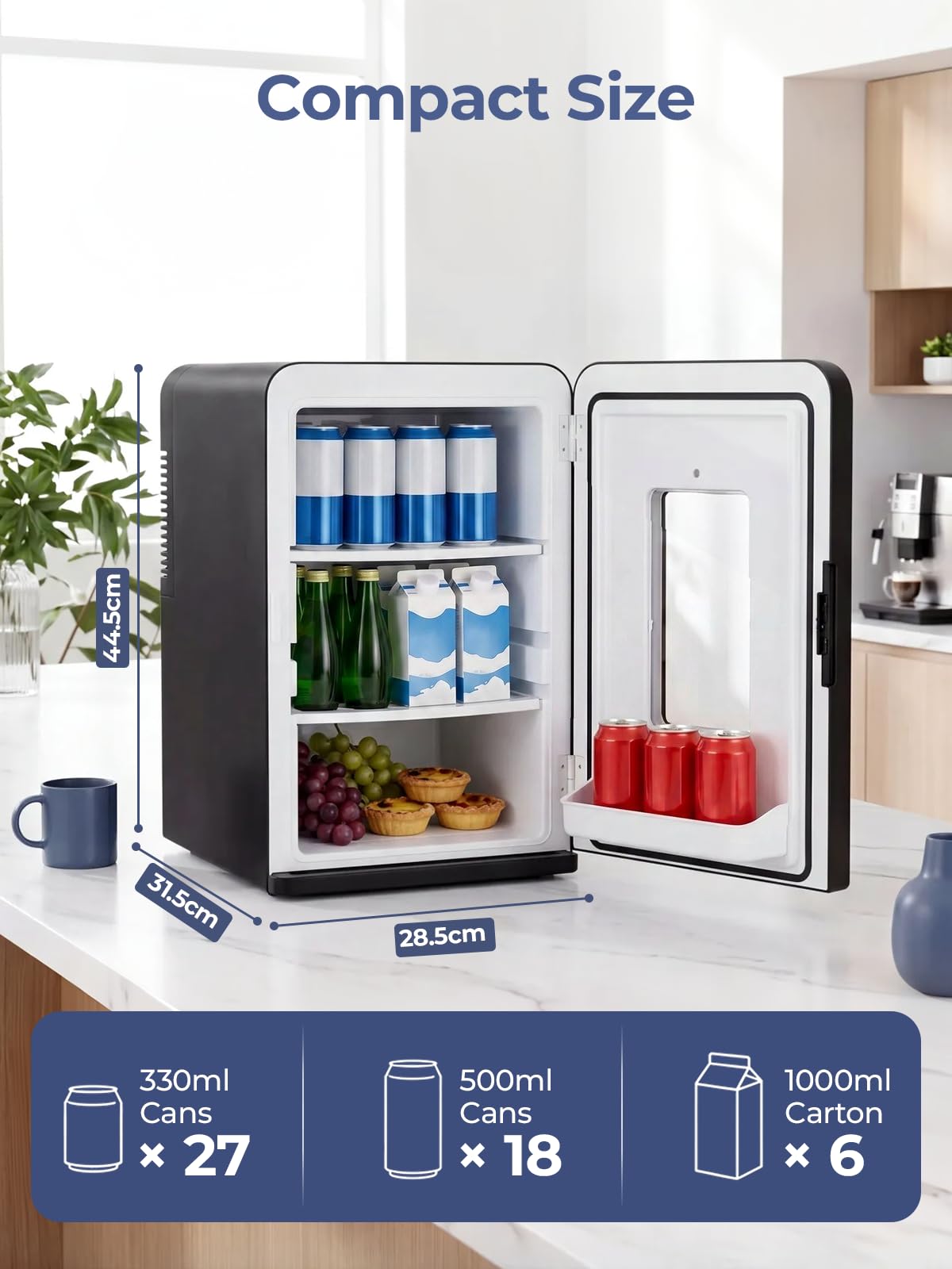 Mini Fridge for Bedrooms, 15 Liter /21 Cans Portable Small Fridge, AC+DC Power Car, Office, Thermoelectric Cooler & Warmer Skincare for Food, Drinks, Cosmetics, Max & ECO Mode, Black