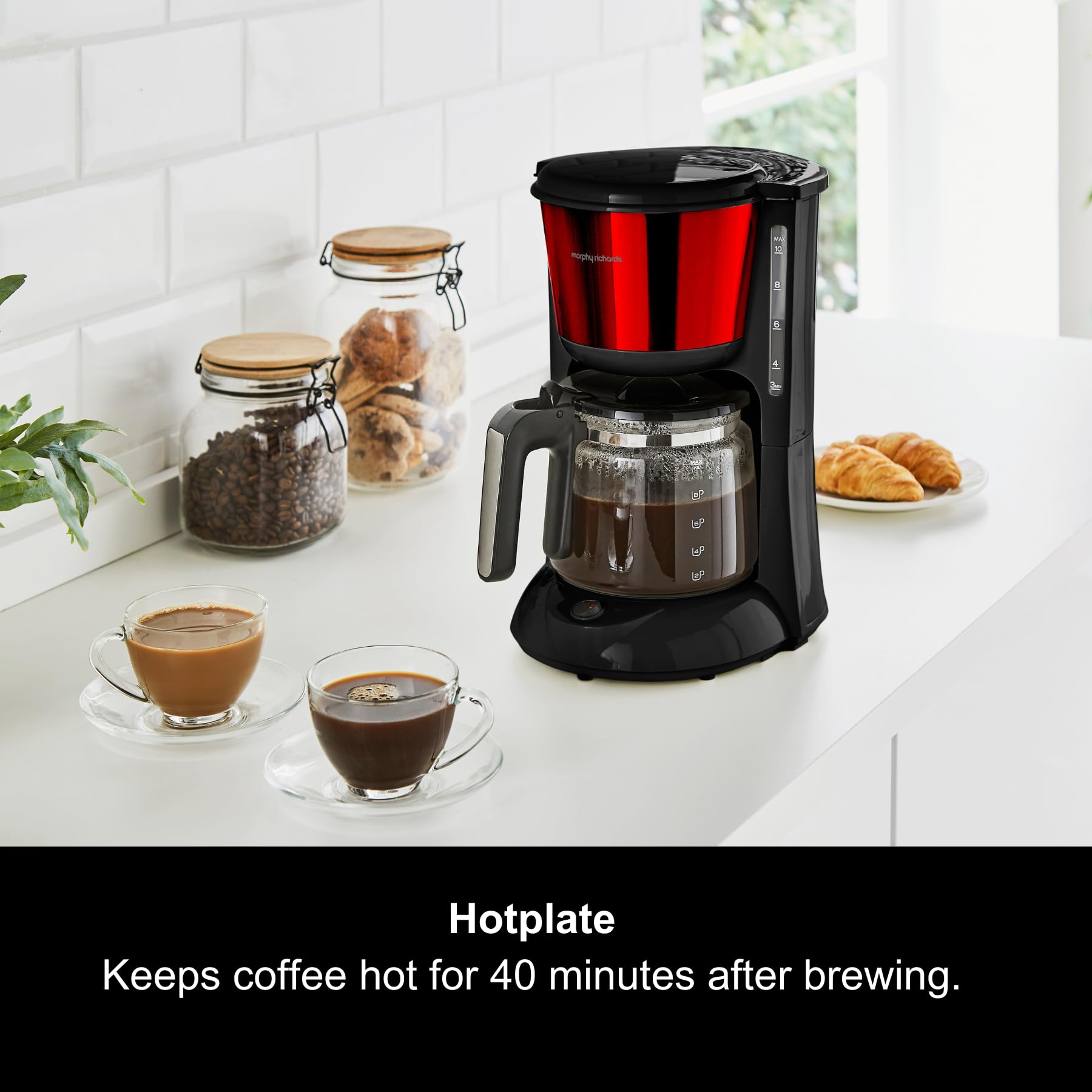 Morphy Richards Equip Filter Coffee Machine, Coffee Maker for Instant Coffee, Pour Over Technology, 10 Cup, Anti Drip, Reusable Filter, Keep Warm, Aroma Blender, Black/Brushed Steel, 162501
