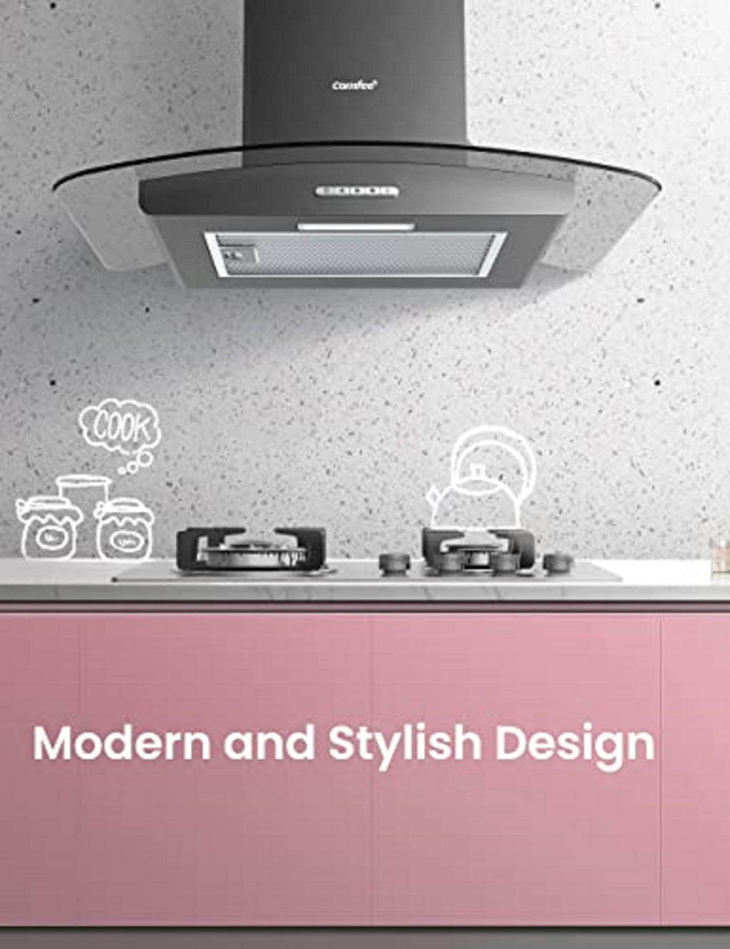 COMFEE' Canopy Cooker Hood 60cm GLAV17B-60 Curved Glass Chimney Hood with LED Light, 600mm Kitchen Extractor Fan Kitchen- Black