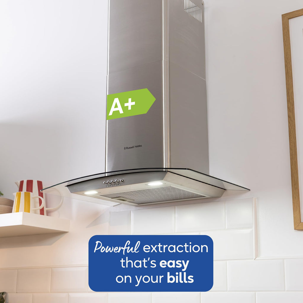 Russell Hobbs 60cm Curved Glass Cooker Hood in Stainless Steel with 3 Speed Settings, 1 x Carbon Filter, Extraction or Recirculation, 540m³/h Extraction Rate, A+ Energy Rating, RH60GCH92A1SS