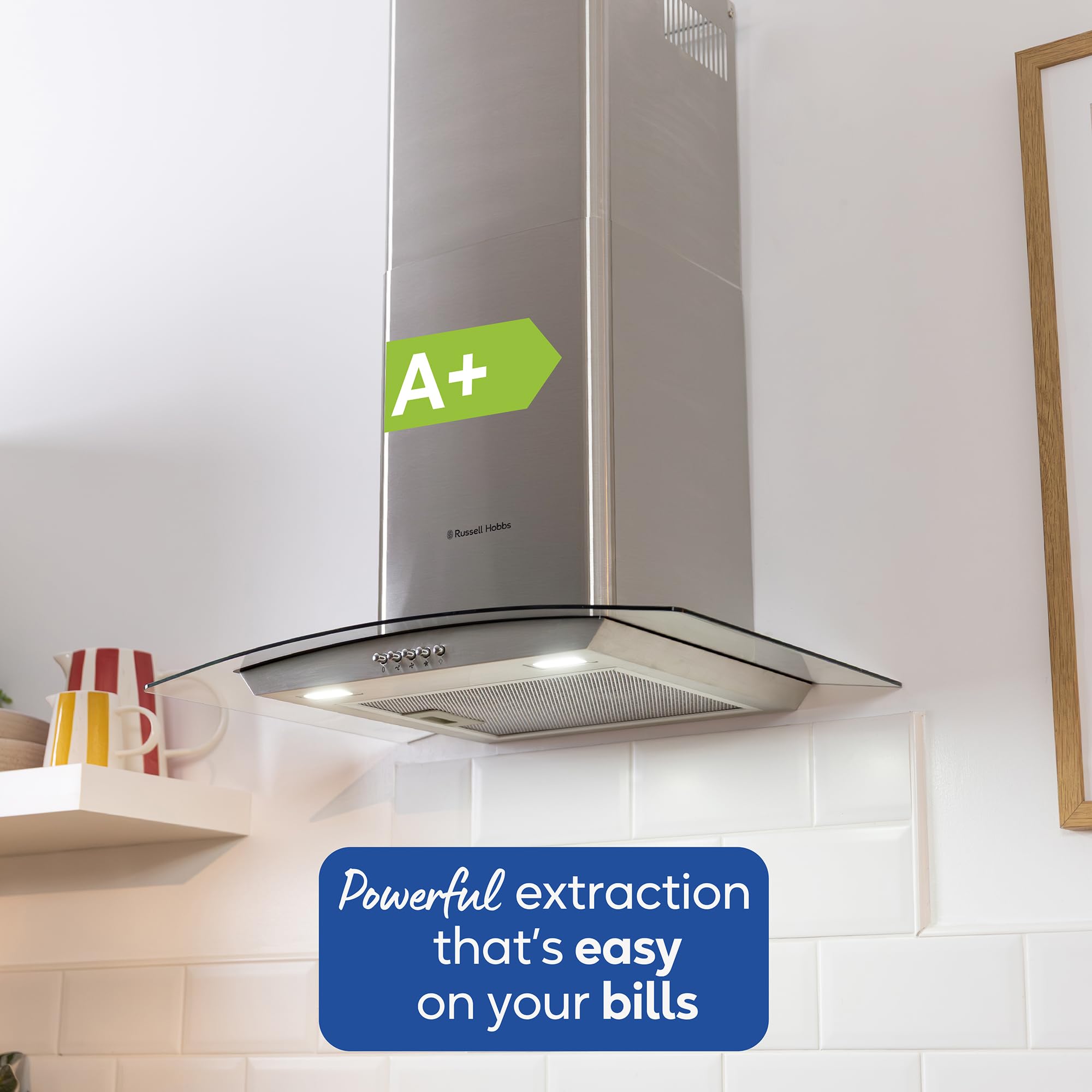 Russell Hobbs 60cm Curved Glass Cooker Hood in Stainless Steel with 3 Speed Settings, 1 x Carbon Filter, Extraction or Recirculation, 540m³/h Extraction Rate, A+ Energy Rating, RH60GCH92A1SS