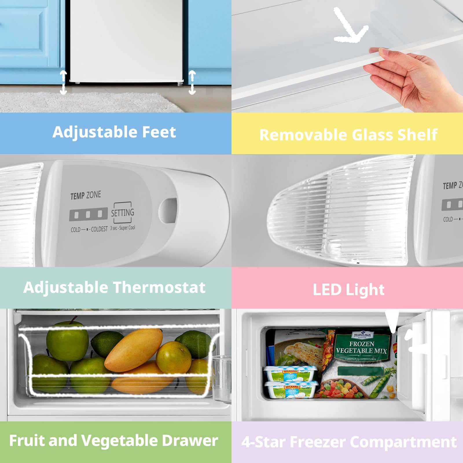 COMFEE' RCD93WH2(E) Under Counter Fridge, 93L Freestanding Refrigerator with Cooler Box, Adjustable Thermostat, Reversible Door, Removable Glass Shelves, Interior Light, White