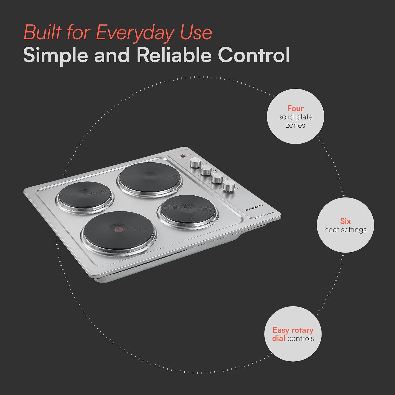 Cookology 60cm Solid Plate Electric Hob - 4 Cooking Zones - Built-in Worktop - 6 Heat Settings - Rotary Dials - Stainless Steel