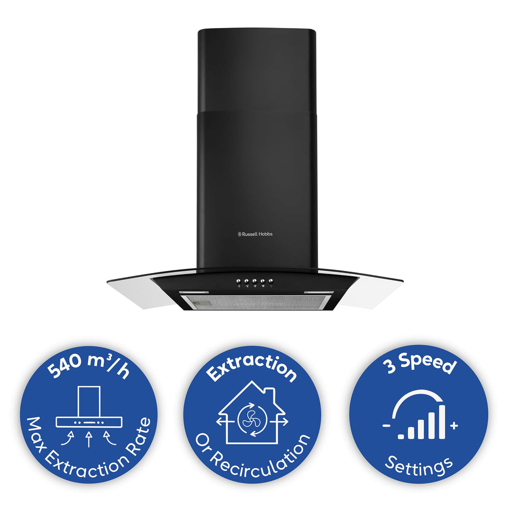 Russell Hobbs 60cm Curved Glass Cooker Hood in Stainless Steel with 3 Speed Settings, 1 x Carbon Filter, Extraction or Recirculation, 540m³/h Extraction Rate, A+ Energy Rating, RH60GCH92A1SS