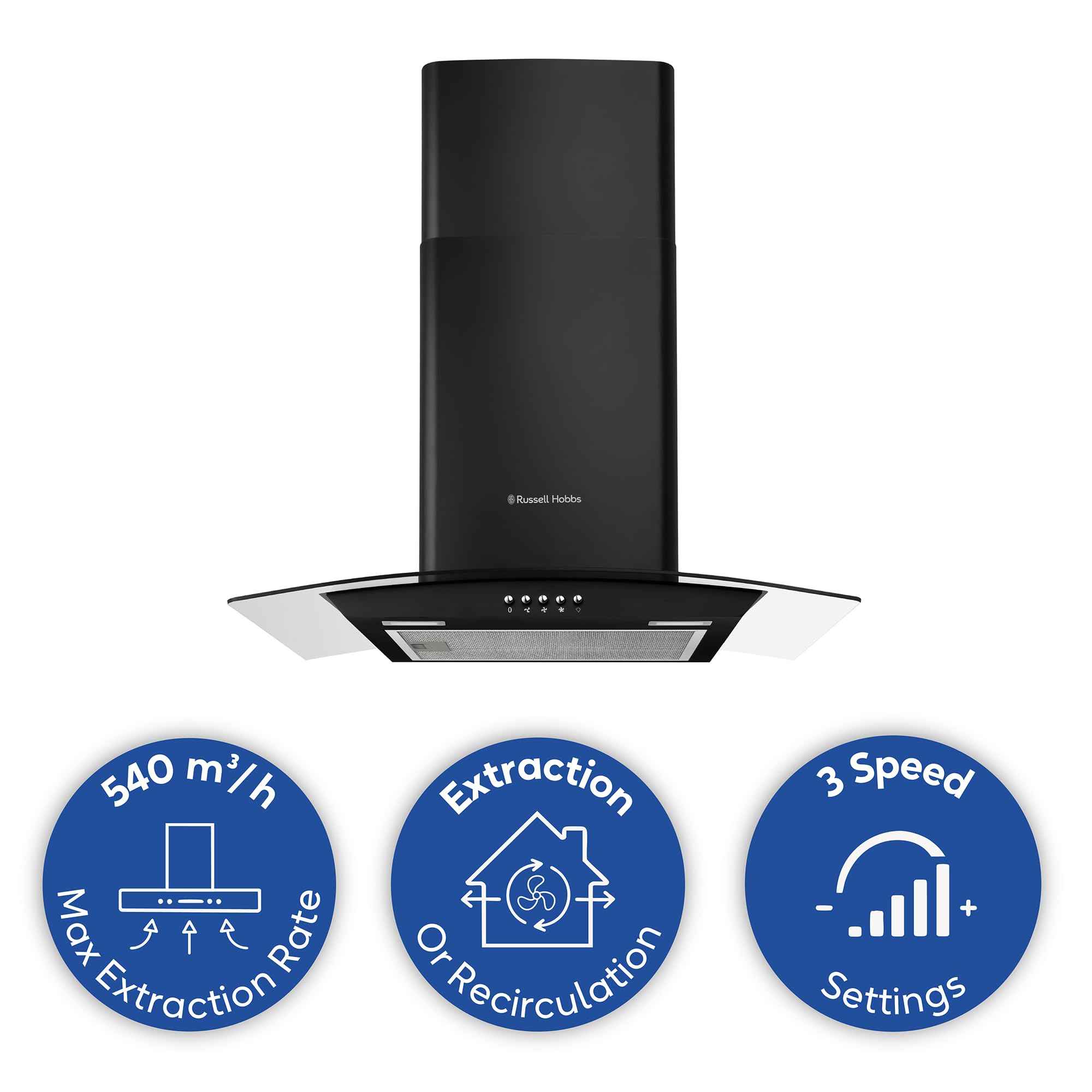 Russell Hobbs 60cm Curved Glass Cooker Hood in Stainless Steel with 3 Speed Settings, 1 x Carbon Filter, Extraction or Recirculation, 540m³/h Extraction Rate, A+ Energy Rating, RH60GCH92A1SS